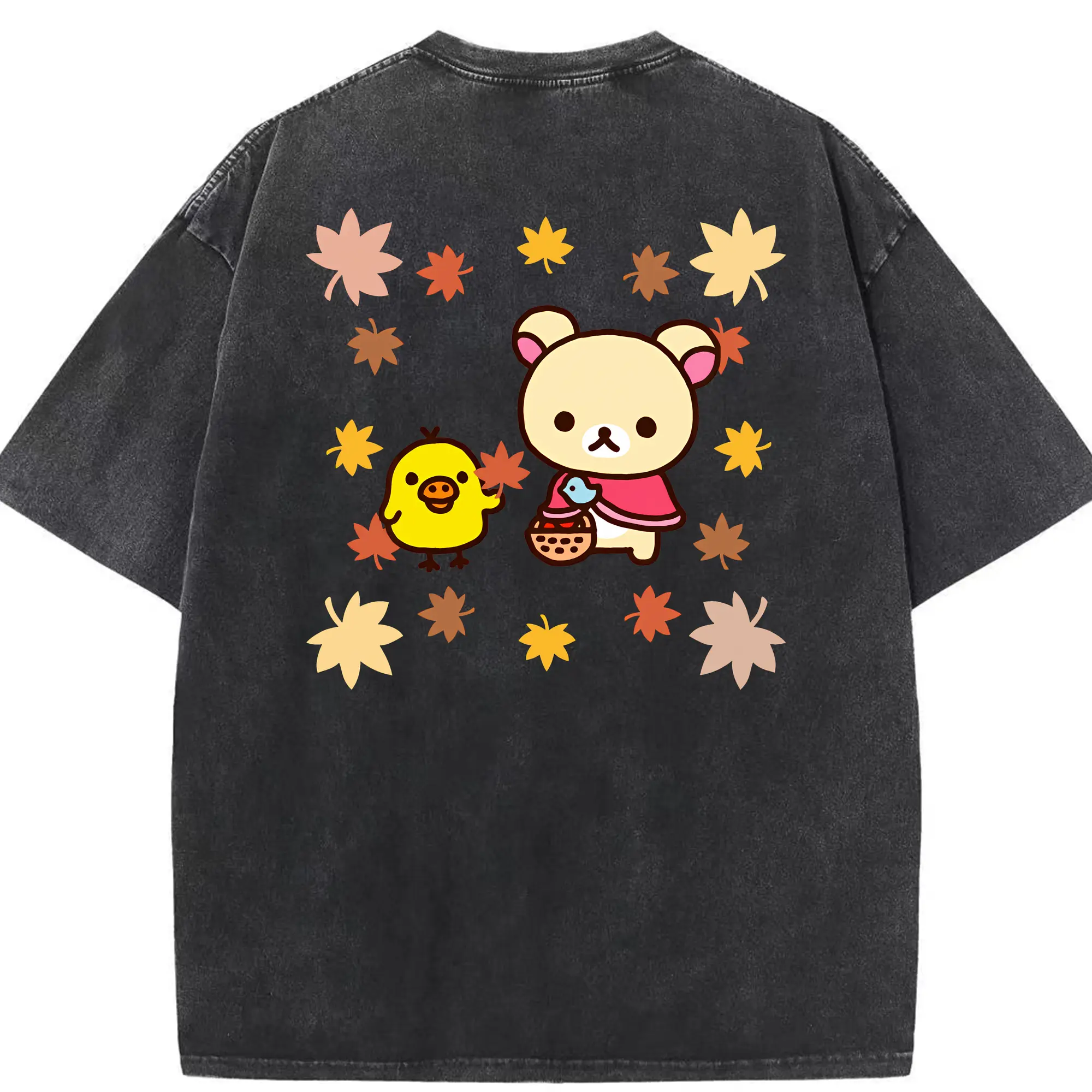 リラックマ (Rilakkuma) グッズ キイロイトリ (Kiiroitori) - 綿100％ ヴィンテージ風 半袖Tシャツ ・ 背面プリント ・ 柔らか肌触り ・ 通気性 快適 ・ スポーツ カジュアル 外出用