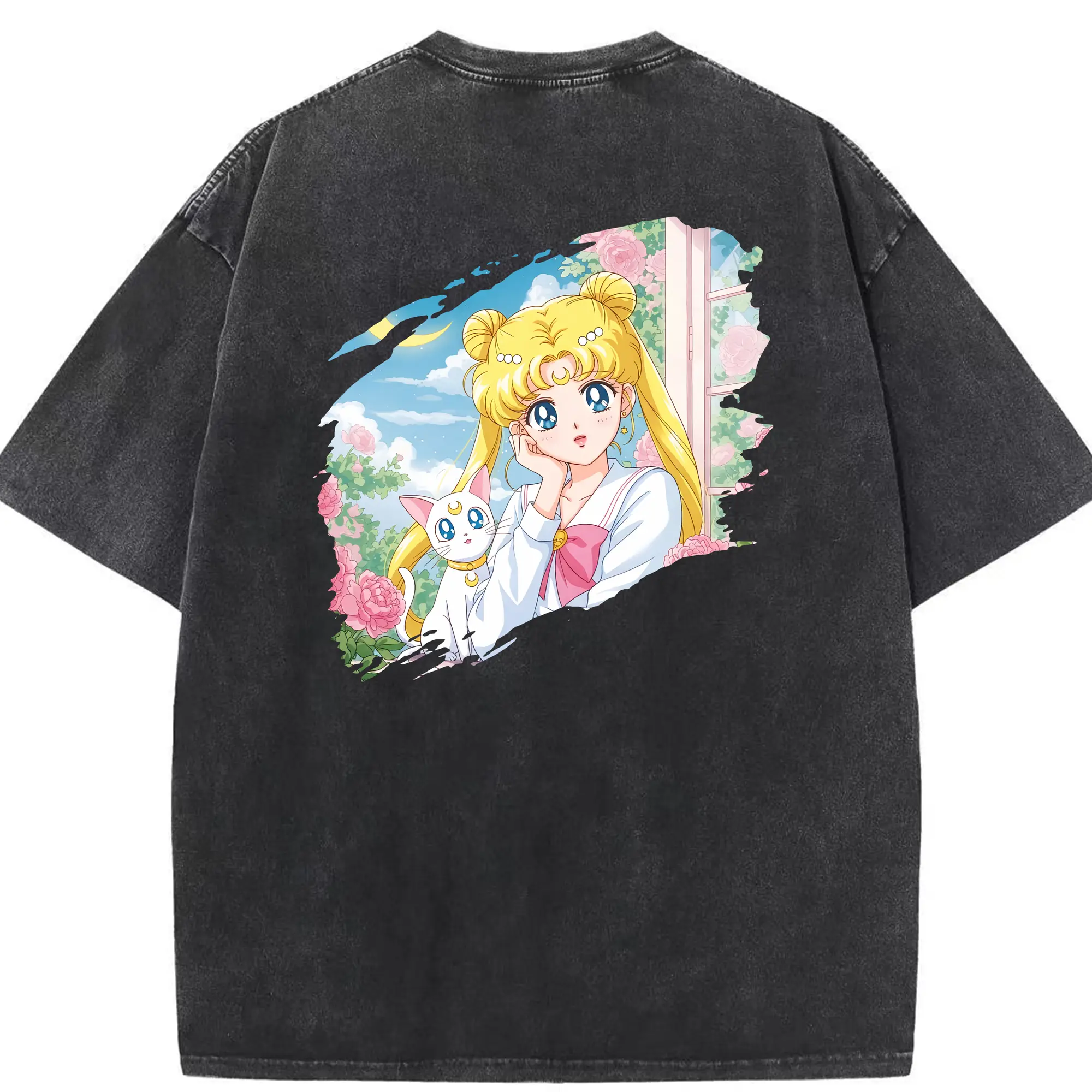美少女戦士セーラームーン グッズ 月野 うさぎ - 綿100％ ヴィンテージ風 半袖Tシャツ ・ 背面プリント ・ 柔らか肌触り ・ 通気性 快適 ・ スポーツ カジュアル 外出用