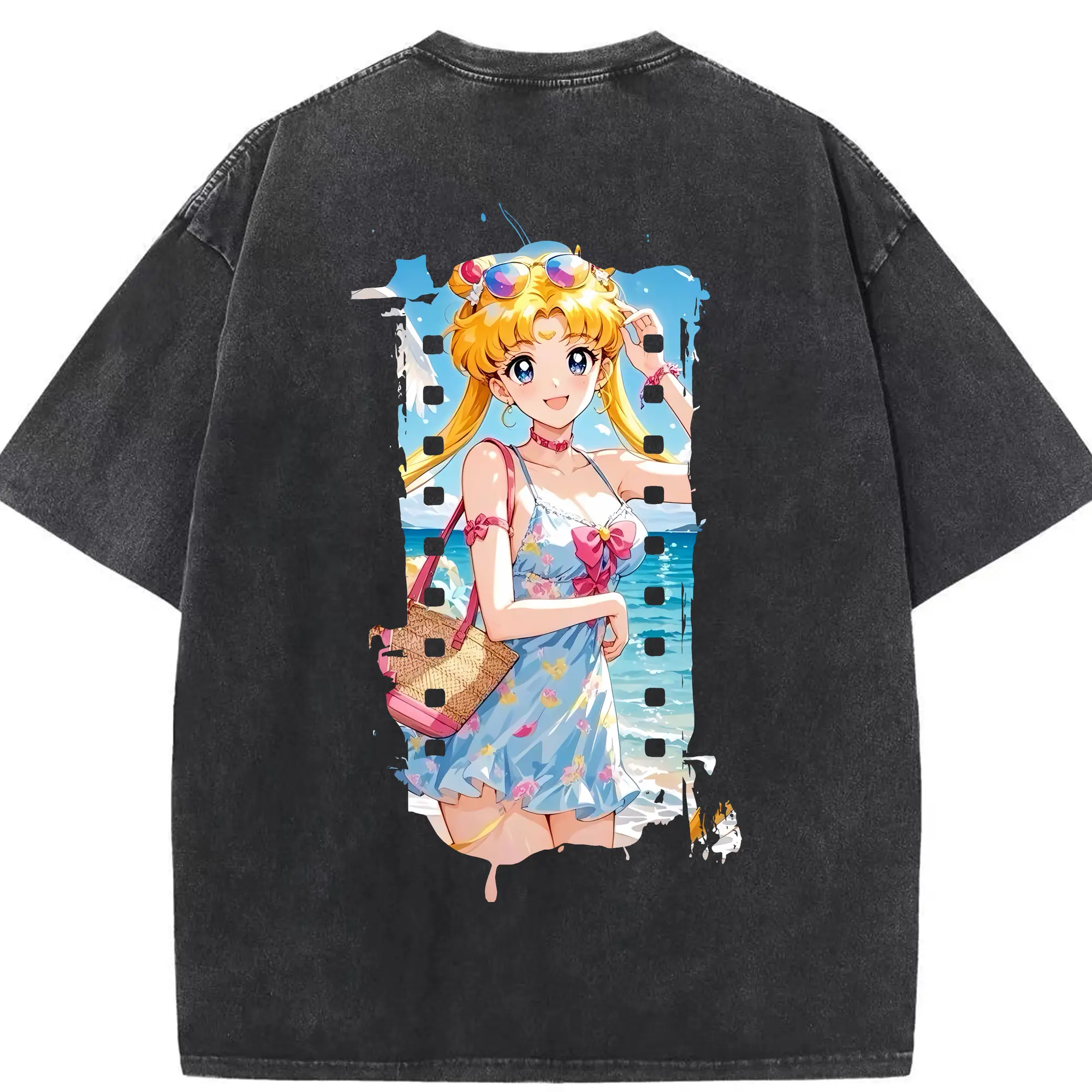 美少女戦士セーラームーン グッズ 月野 うさぎ - 綿100％ ヴィンテージ風 半袖Tシャツ ・ 背面プリント ・ 柔らか肌触り ・ 通気性 快適 ・ スポーツ カジュアル 外出用