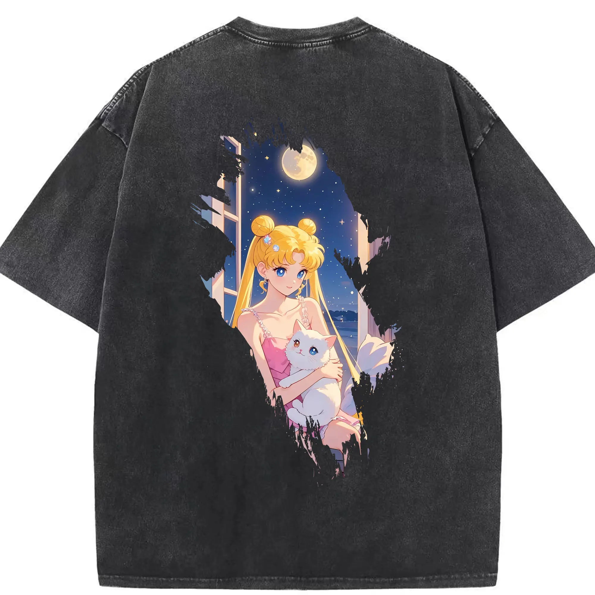 美少女戦士セーラームーン グッズ 月野 うさぎ - 綿100％ ヴィンテージ風 半袖Tシャツ ・ 背面プリント ・ 柔らか肌触り ・ 通気性 快適 ・ スポーツ カジュアル 外出用