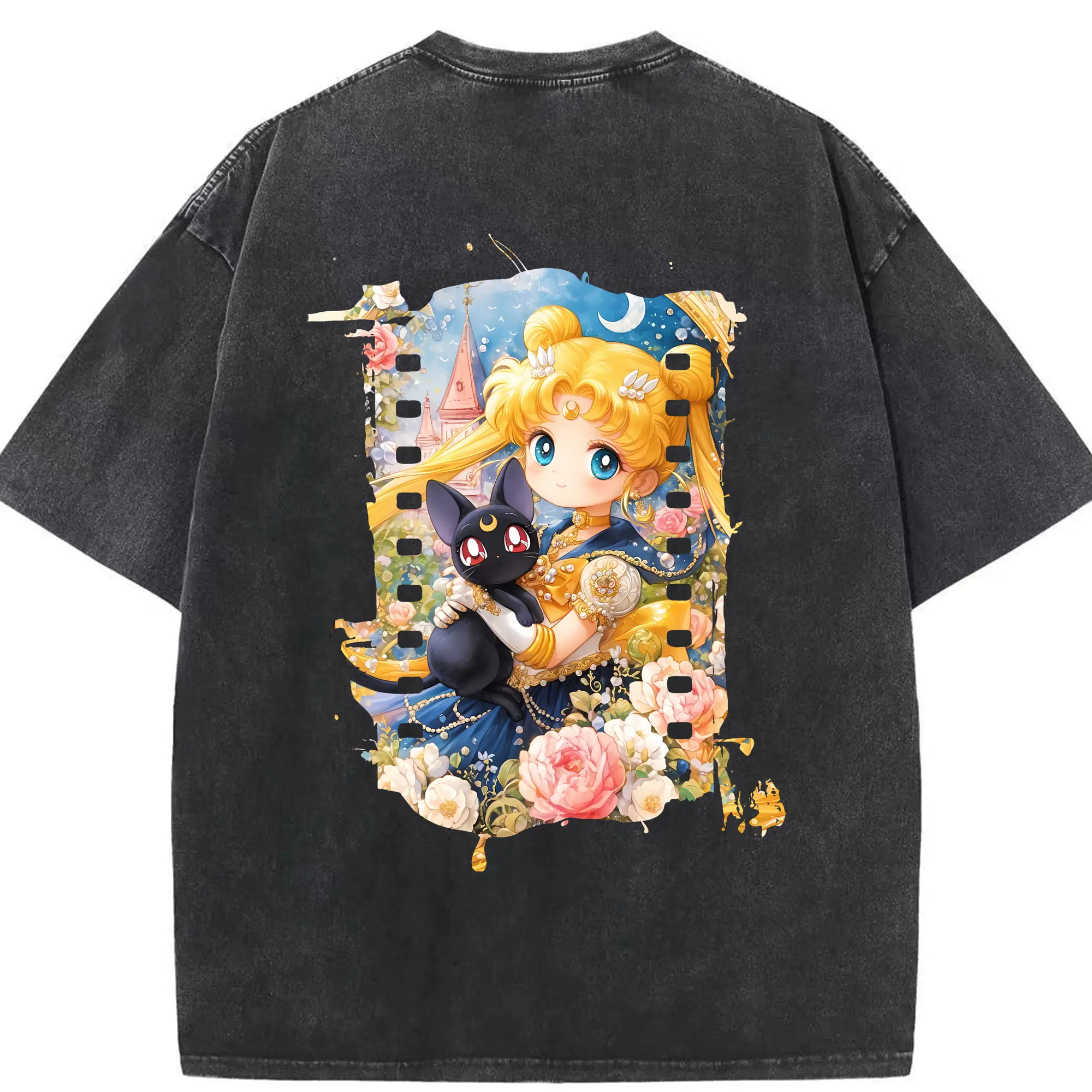 美少女戦士セーラームーン グッズ 月野 うさぎ - 綿100％ ヴィンテージ風 半袖Tシャツ ・ 背面プリント ・ 柔らか肌触り ・ 通気性 快適 ・ スポーツ カジュアル 外出用