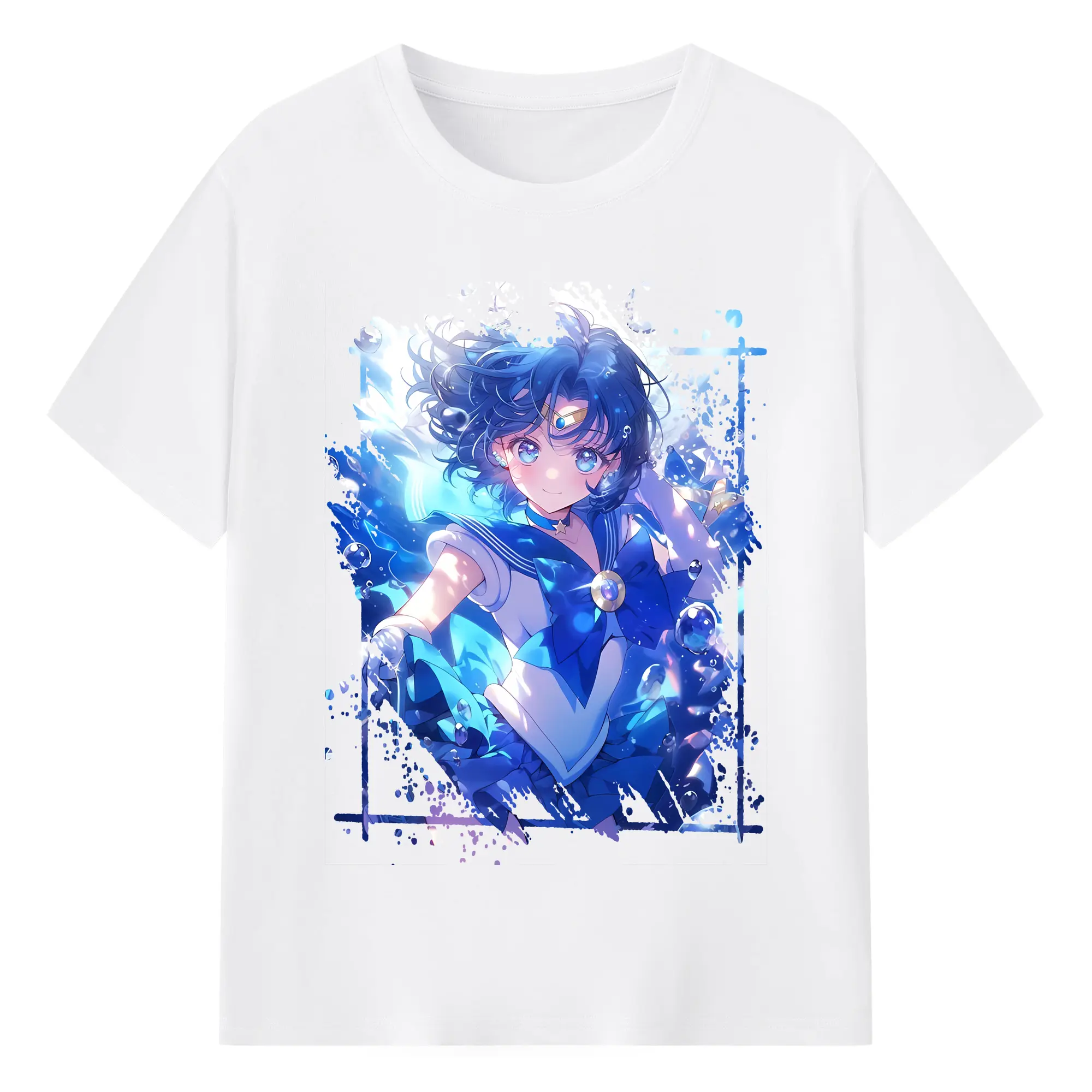 美少女戦士セーラームーン グッズ 水野 亜美 - 綿100％ 半袖Tシャツ ・ フロントプリント ・ 快適 通気性 ・ 日常使い 散歩 スポーツ用
