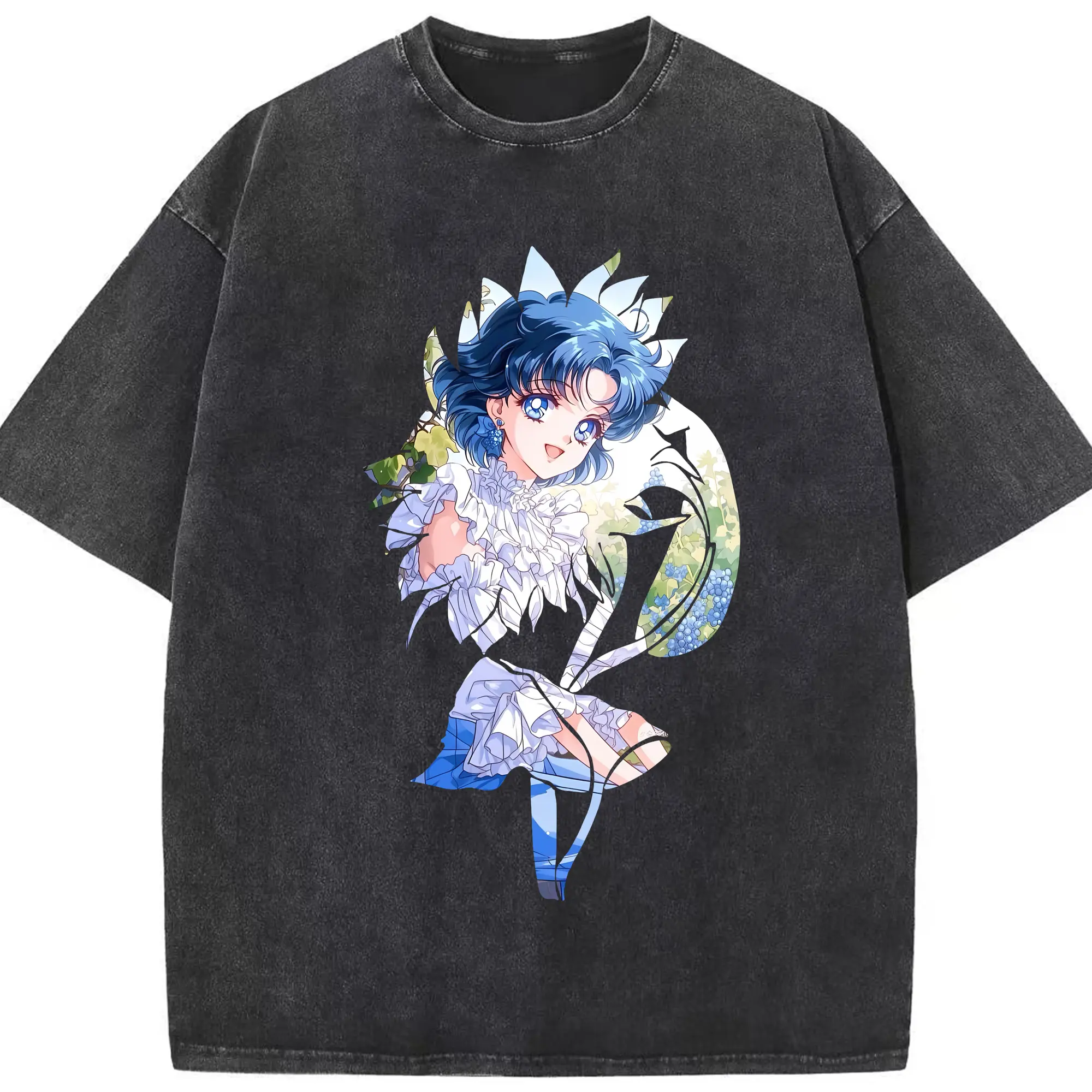 美少女戦士セーラームーン グッズ 水野 亜美 - 綿100％ ヴィンテージ風 半袖Tシャツ ・ フロントプリント ・ 柔らか肌触り ・ 通気性 快適 ・ スポーツ カジュアル 外出用