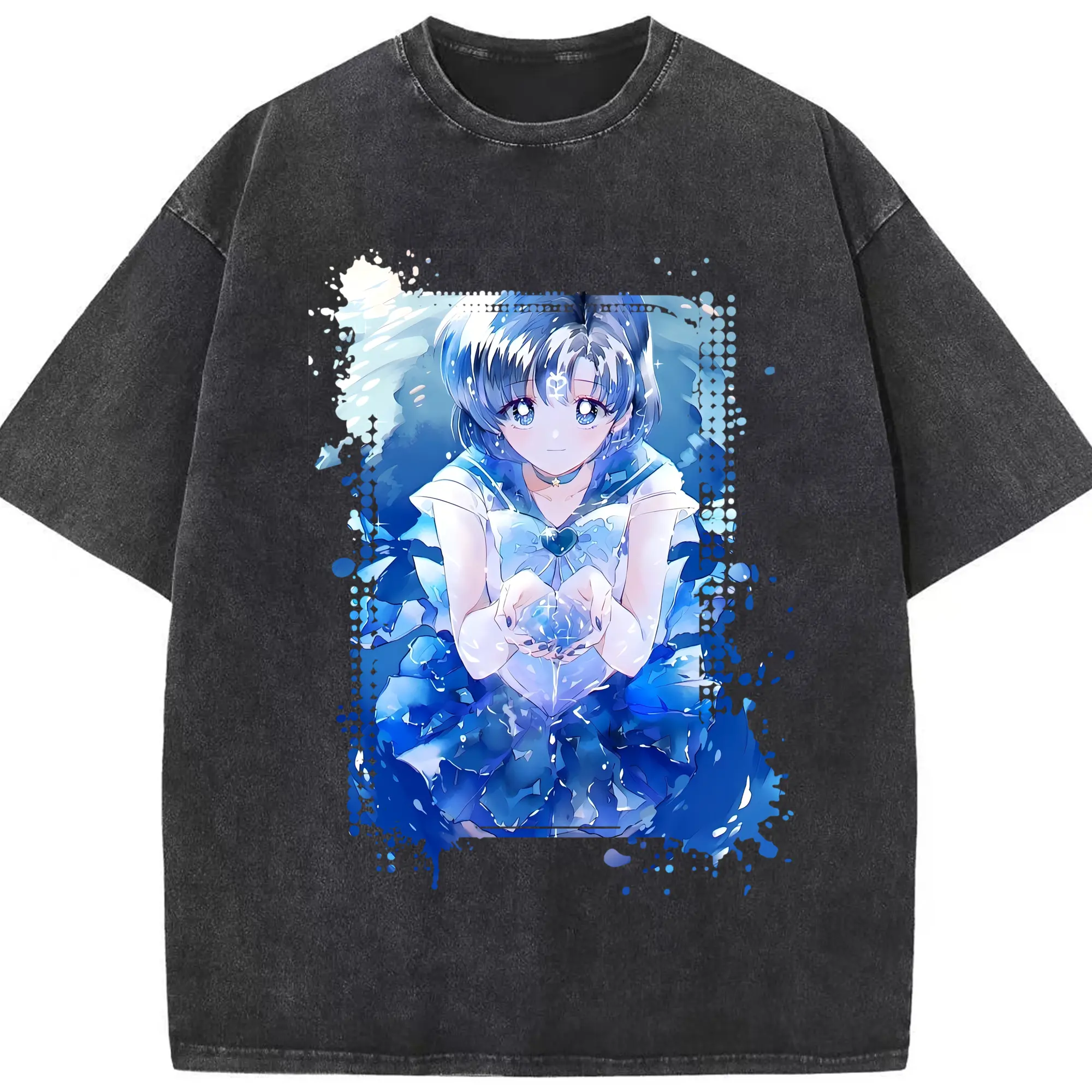 美少女戦士セーラームーン グッズ 水野 亜美 - 綿100％ ヴィンテージ風 半袖Tシャツ ・ フロントプリント ・ 柔らか肌触り ・ 通気性 快適 ・ スポーツ カジュアル 外出用