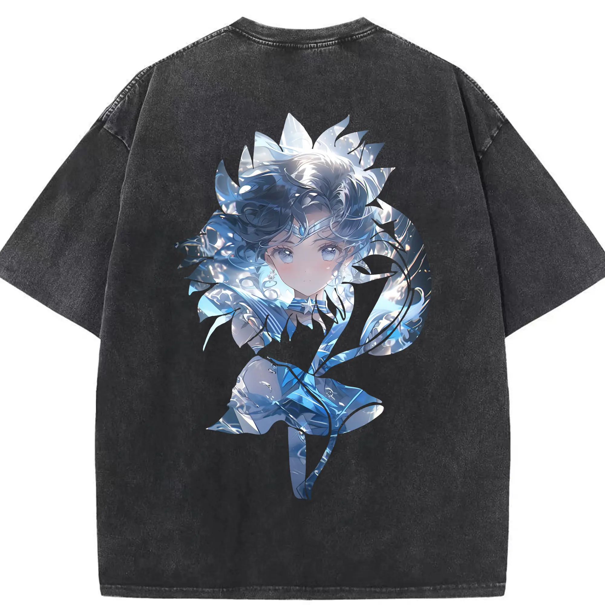 美少女戦士セーラームーン グッズ 水野 亜美 - 綿100％ ヴィンテージ風 半袖Tシャツ ・ 背面プリント ・ 柔らか肌触り ・ 通気性 快適 ・ スポーツ カジュアル 外出用