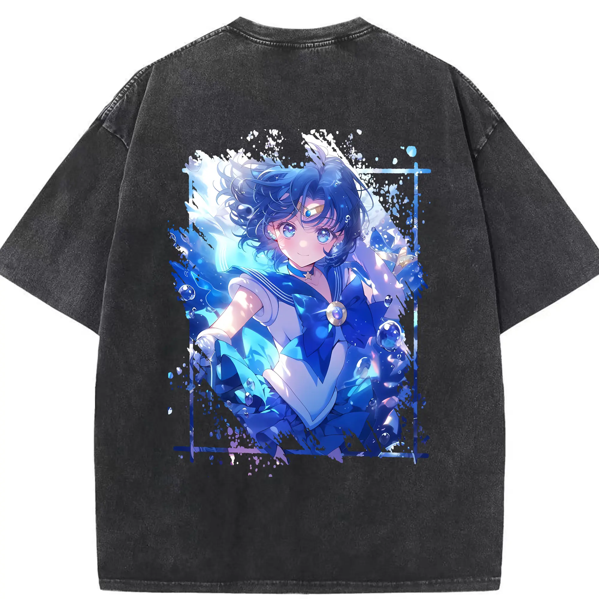 美少女戦士セーラームーン グッズ 水野 亜美 - 綿100％ ヴィンテージ風 半袖Tシャツ ・ 背面プリント ・ 柔らか肌触り ・ 通気性 快適 ・ スポーツ カジュアル 外出用