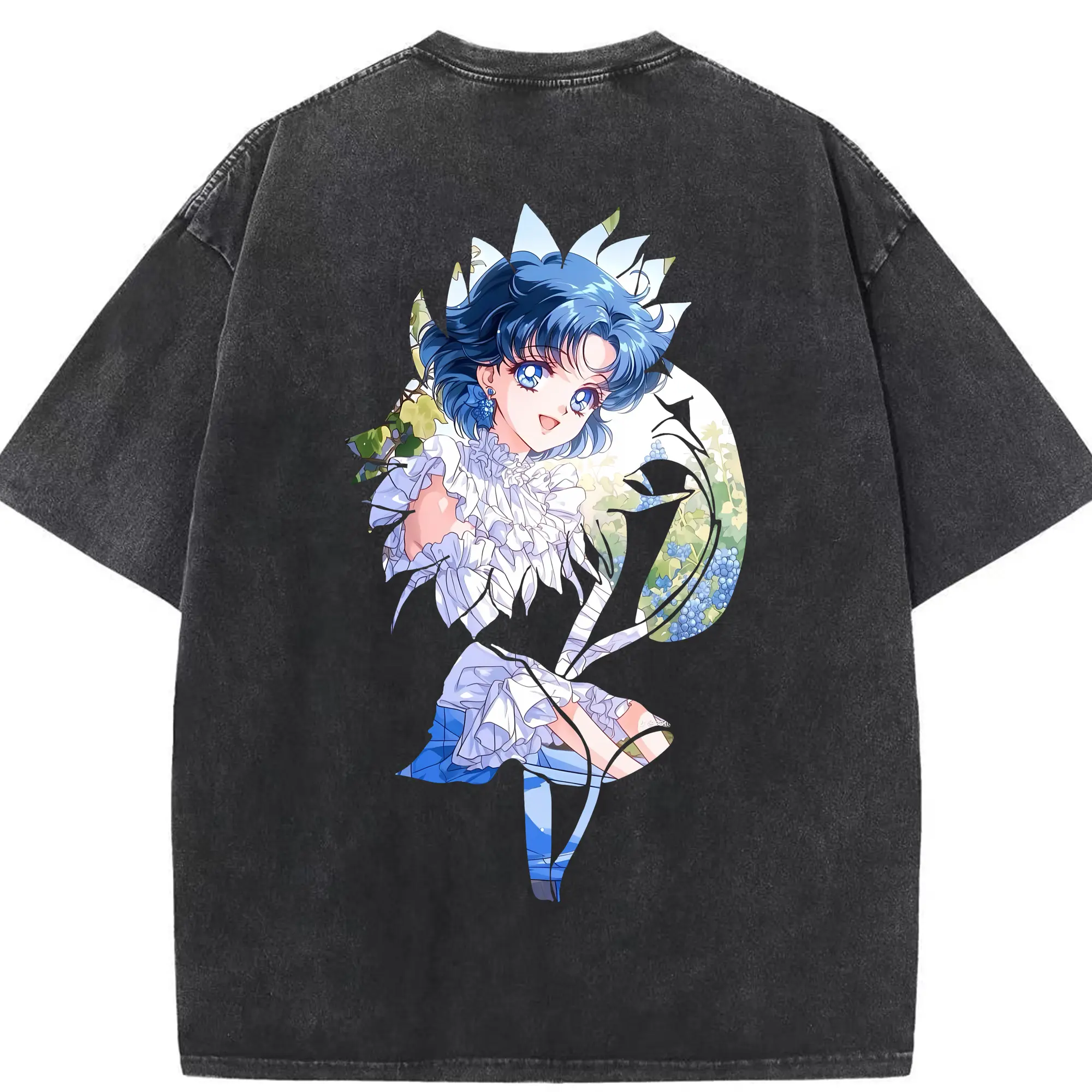 美少女戦士セーラームーン グッズ 水野 亜美 - 綿100％ ヴィンテージ風 半袖Tシャツ ・ 背面プリント ・ 柔らか肌触り ・ 通気性 快適 ・ スポーツ カジュアル 外出用
