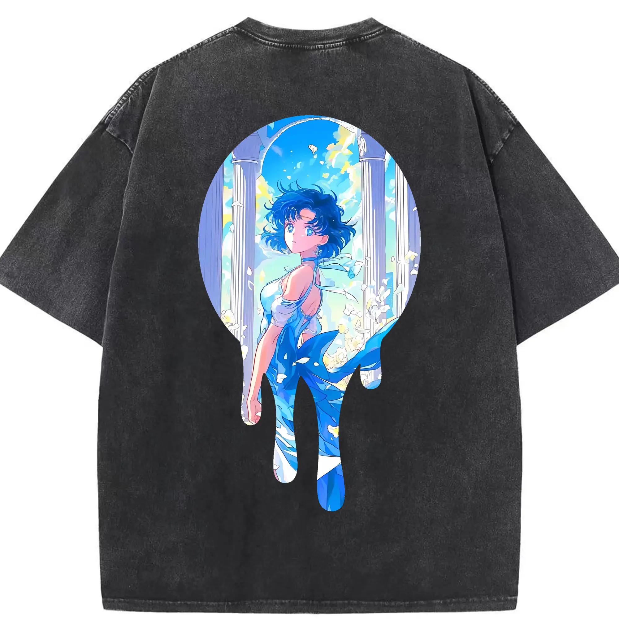 美少女戦士セーラームーン グッズ 水野 亜美 - 綿100％ ヴィンテージ風 半袖Tシャツ ・ 背面プリント ・ 柔らか肌触り ・ 通気性 快適 ・ スポーツ カジュアル 外出用
