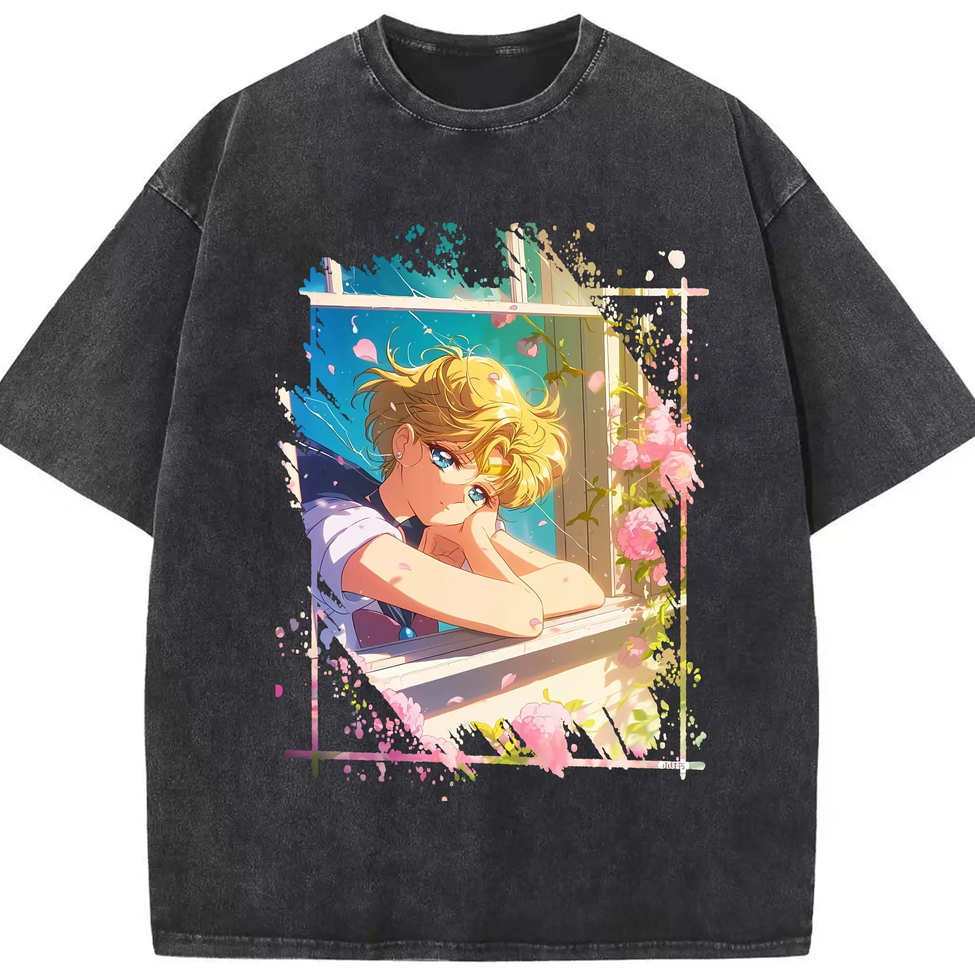 美少女戦士セーラームーン グッズ 天王 はるか - 綿100％ ヴィンテージ風 半袖Tシャツ ・ フロントプリント ・ 柔らか肌触り ・ 通気性 快適 ・ スポーツ カジュアル 外出用