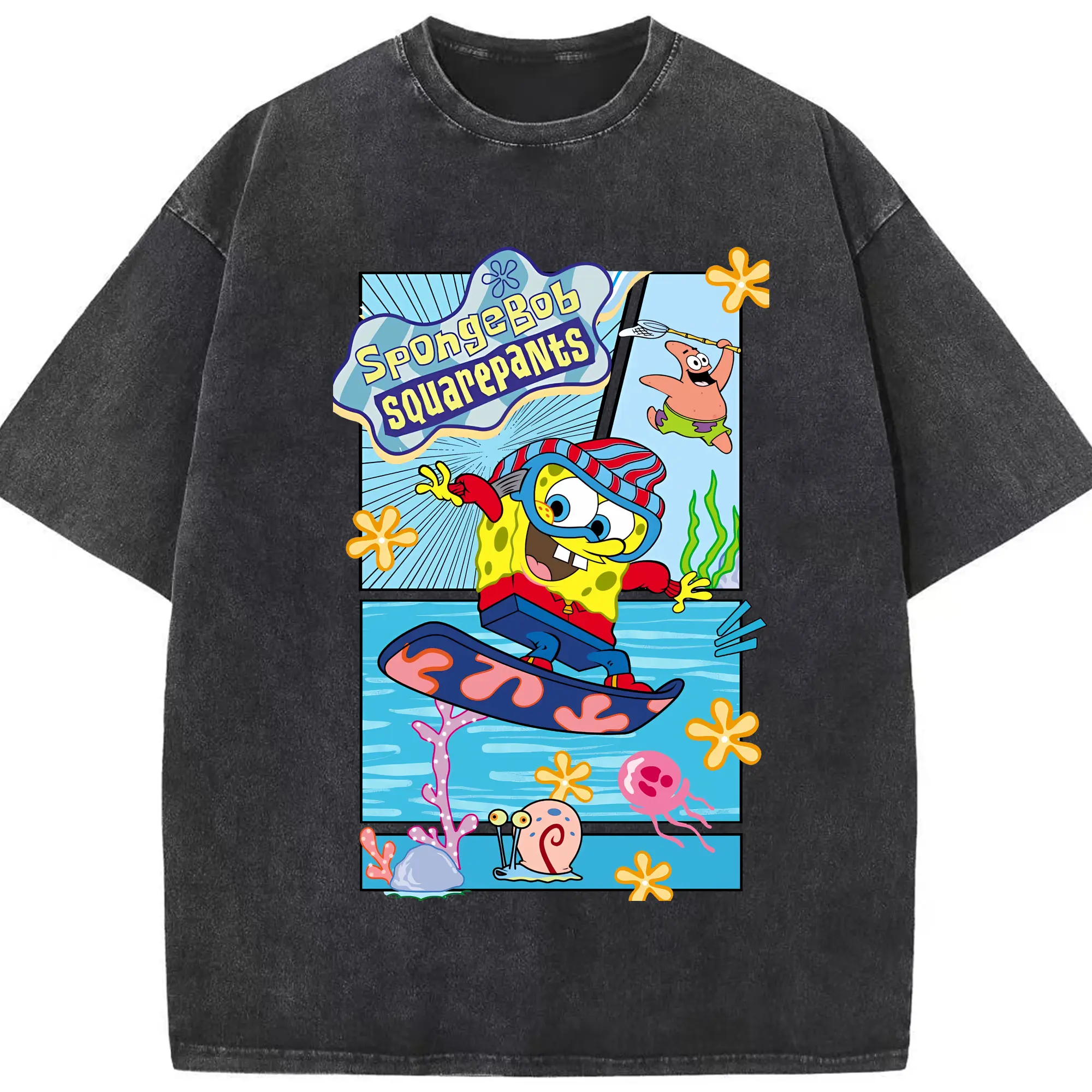 スポンジボブ グッズ スポンジボブ - 綿100％ ヴィンテージ風 半袖Tシャツ ・ フロントプリント ・ 柔らか肌触り ・ 通気性 快適 ・ スポーツ カジュアル 外出用