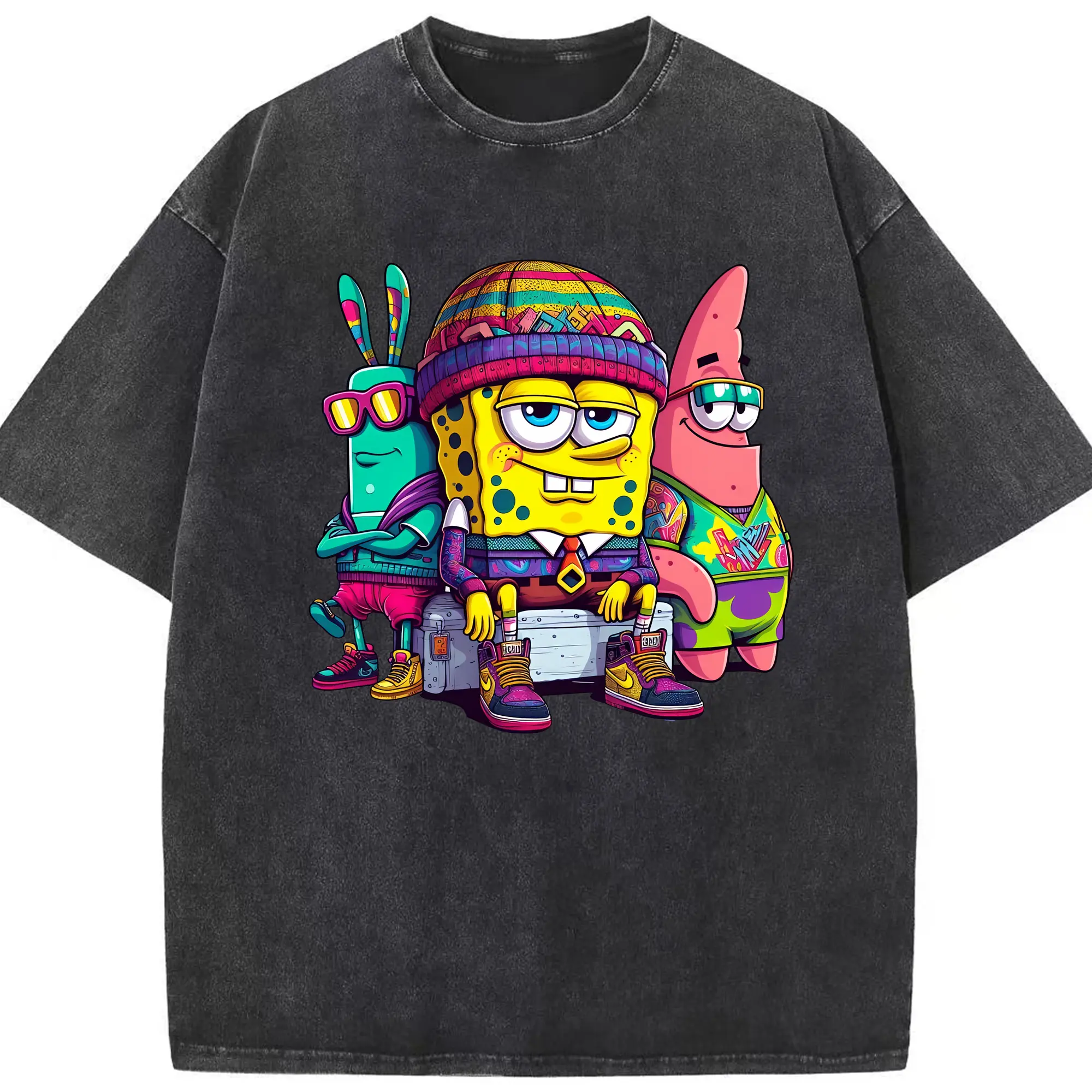 スポンジボブ グッズ スポンジボブ - 綿100％ ヴィンテージ風 半袖Tシャツ ・ フロントプリント ・ 柔らか肌触り ・ 通気性 快適 ・ スポーツ カジュアル 外出用