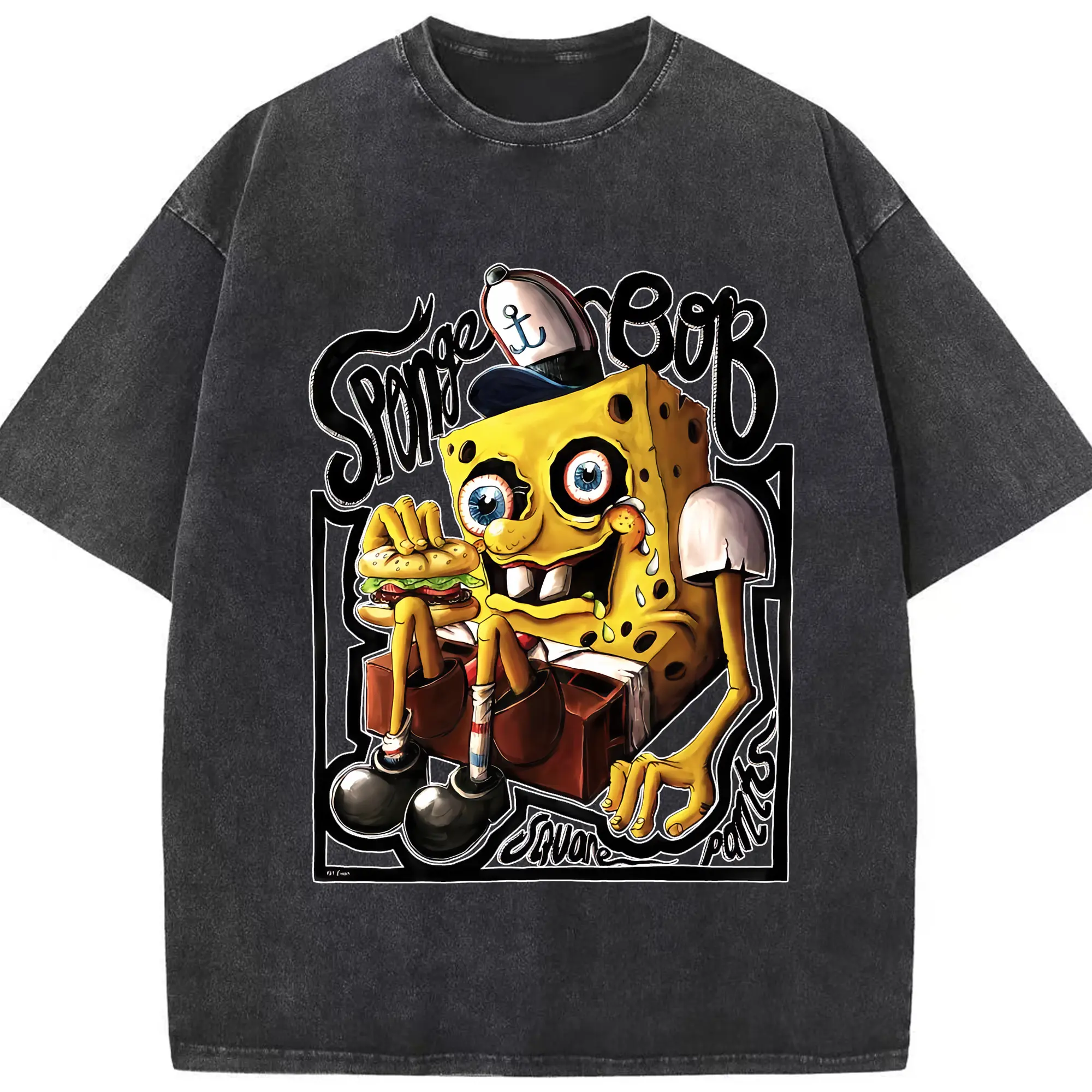 スポンジボブ グッズ スポンジボブ - 綿100％ ヴィンテージ風 半袖Tシャツ ・ フロントプリント ・ 柔らか肌触り ・ 通気性 快適 ・ スポーツ カジュアル 外出用