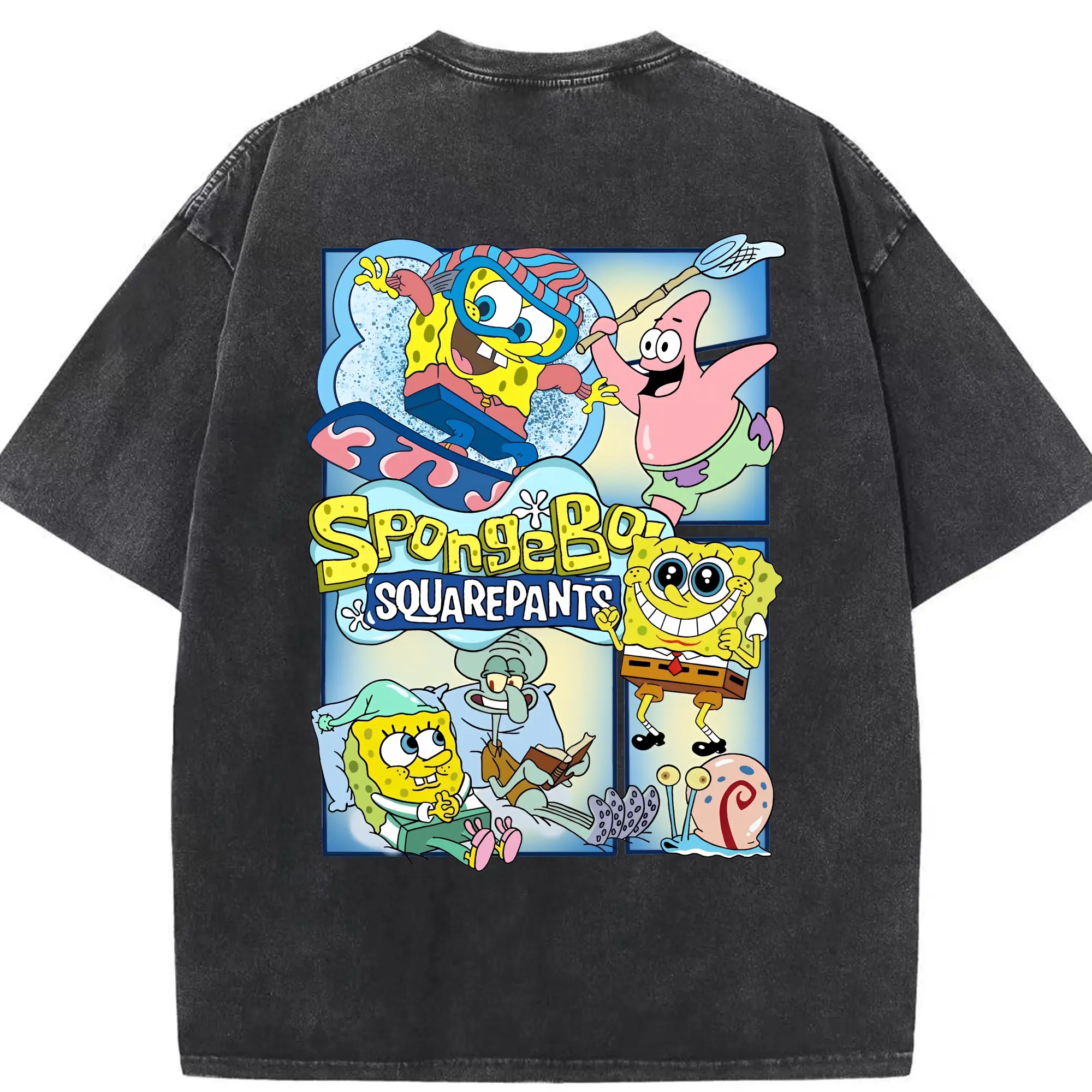 スポンジボブ グッズ スポンジボブ - 綿100％ ヴィンテージ風 半袖Tシャツ ・ 背面プリント ・ 柔らか肌触り ・ 通気性 快適 ・ スポーツ カジュアル 外出用