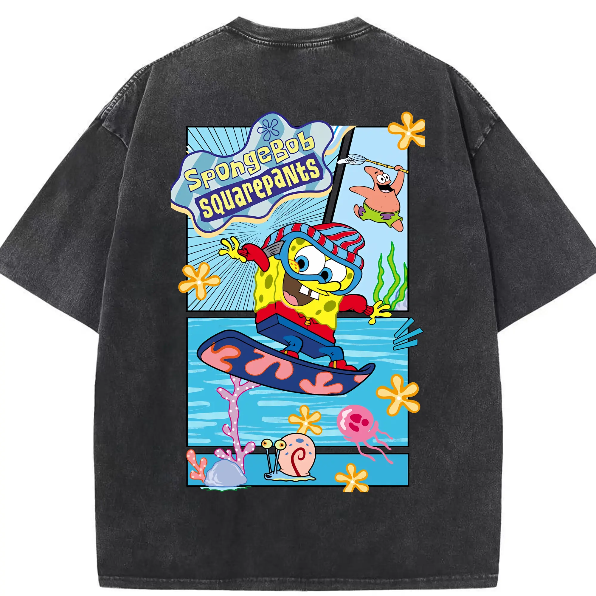 スポンジボブ グッズ スポンジボブ - 綿100％ ヴィンテージ風 半袖Tシャツ ・ 背面プリント ・ 柔らか肌触り ・ 通気性 快適 ・ スポーツ カジュアル 外出用