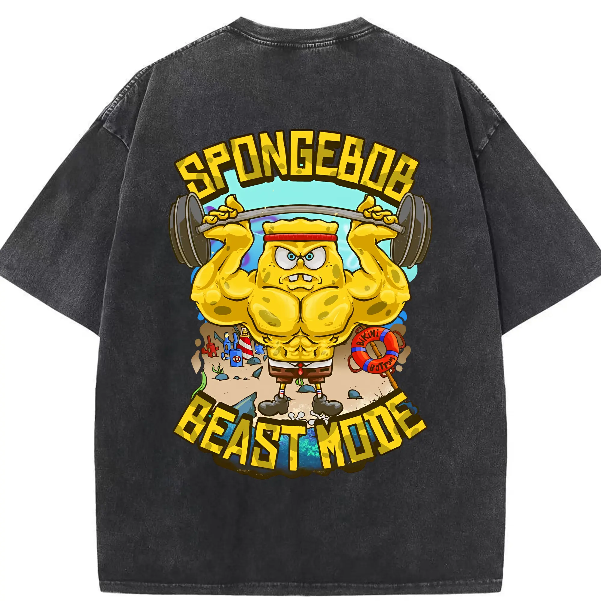 スポンジボブ グッズ スポンジボブ - 綿100％ ヴィンテージ風 半袖Tシャツ ・ 背面プリント ・ 柔らか肌触り ・ 通気性 快適 ・ スポーツ カジュアル 外出用