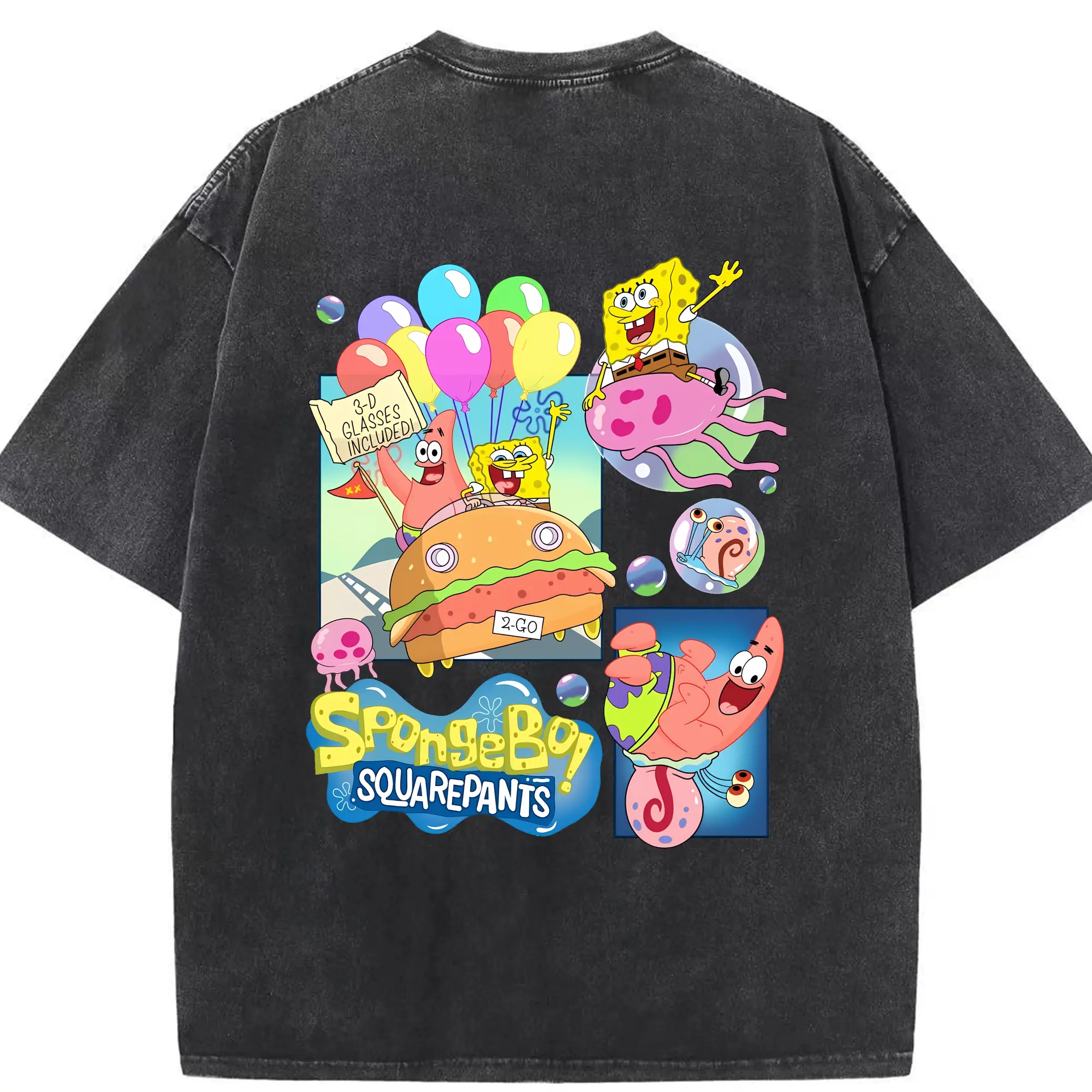 スポンジボブ グッズ スポンジボブ - 綿100％ ヴィンテージ風 半袖Tシャツ ・ 背面プリント ・ 柔らか肌触り ・ 通気性 快適 ・ スポーツ カジュアル 外出用