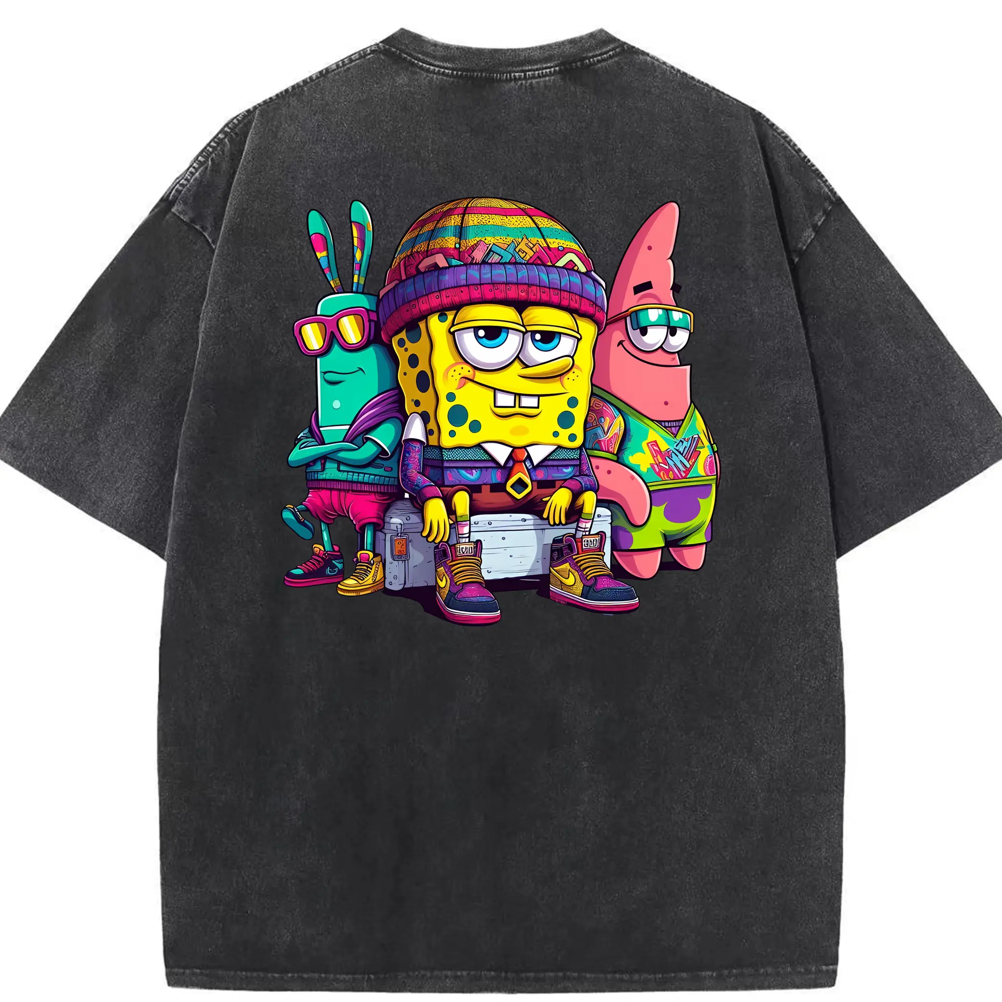 スポンジボブ グッズ スポンジボブ - 綿100％ ヴィンテージ風 半袖Tシャツ ・ 背面プリント ・ 柔らか肌触り ・ 通気性 快適 ・ スポーツ カジュアル 外出用