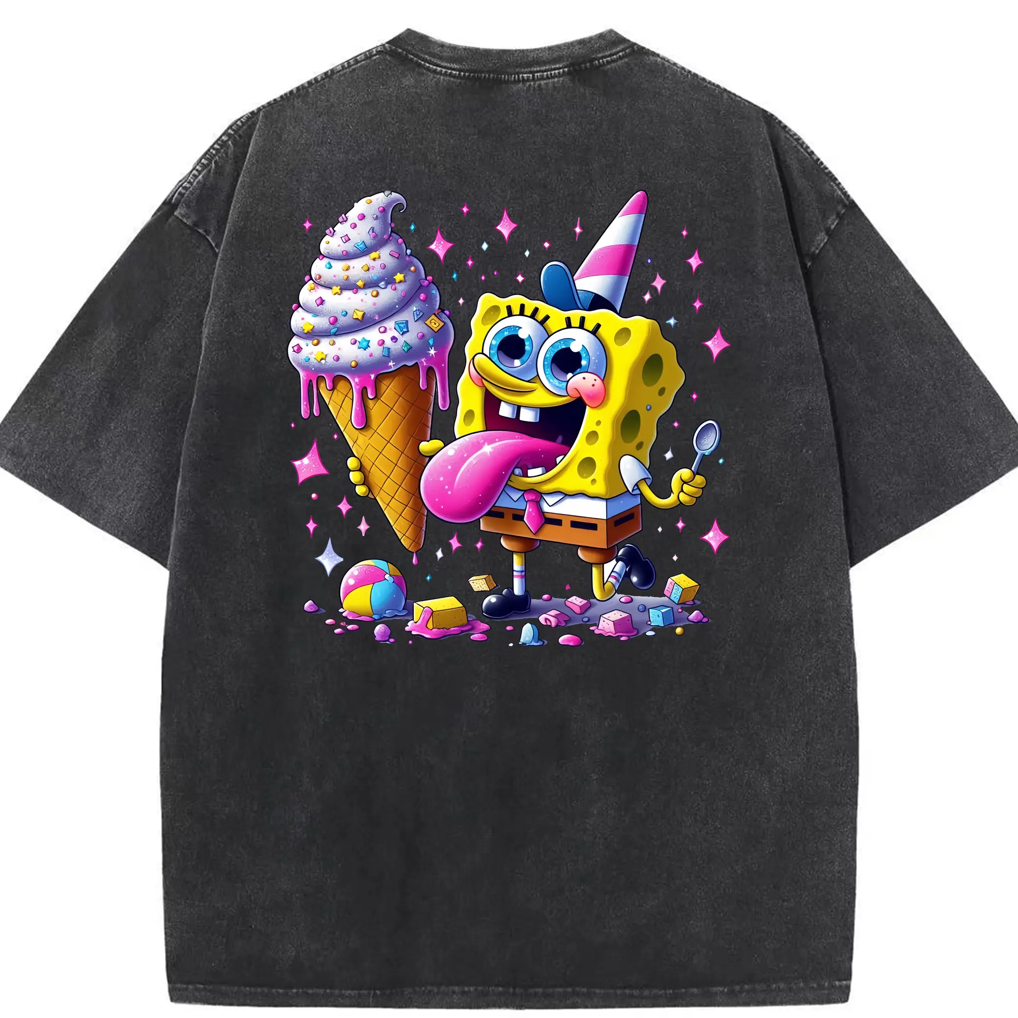 スポンジボブ グッズ スポンジボブ - 綿100％ ヴィンテージ風 半袖Tシャツ ・ 背面プリント ・ 柔らか肌触り ・ 通気性 快適 ・ スポーツ カジュアル 外出用