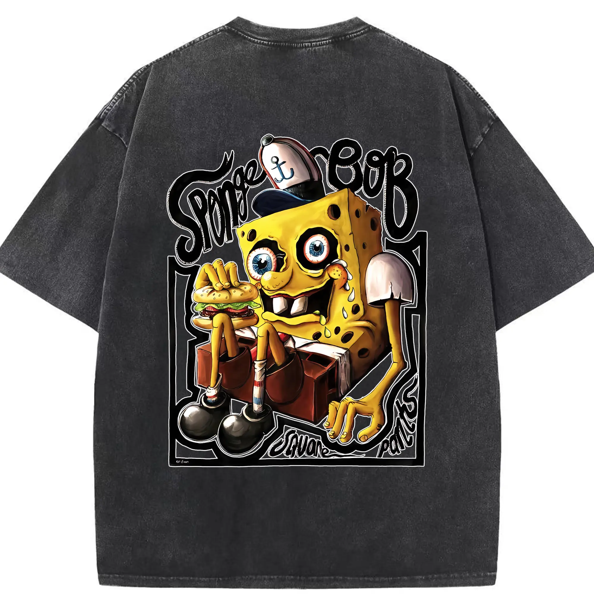スポンジボブ グッズ スポンジボブ - 綿100％ ヴィンテージ風 半袖Tシャツ ・ 背面プリント ・ 柔らか肌触り ・ 通気性 快適 ・ スポーツ カジュアル 外出用