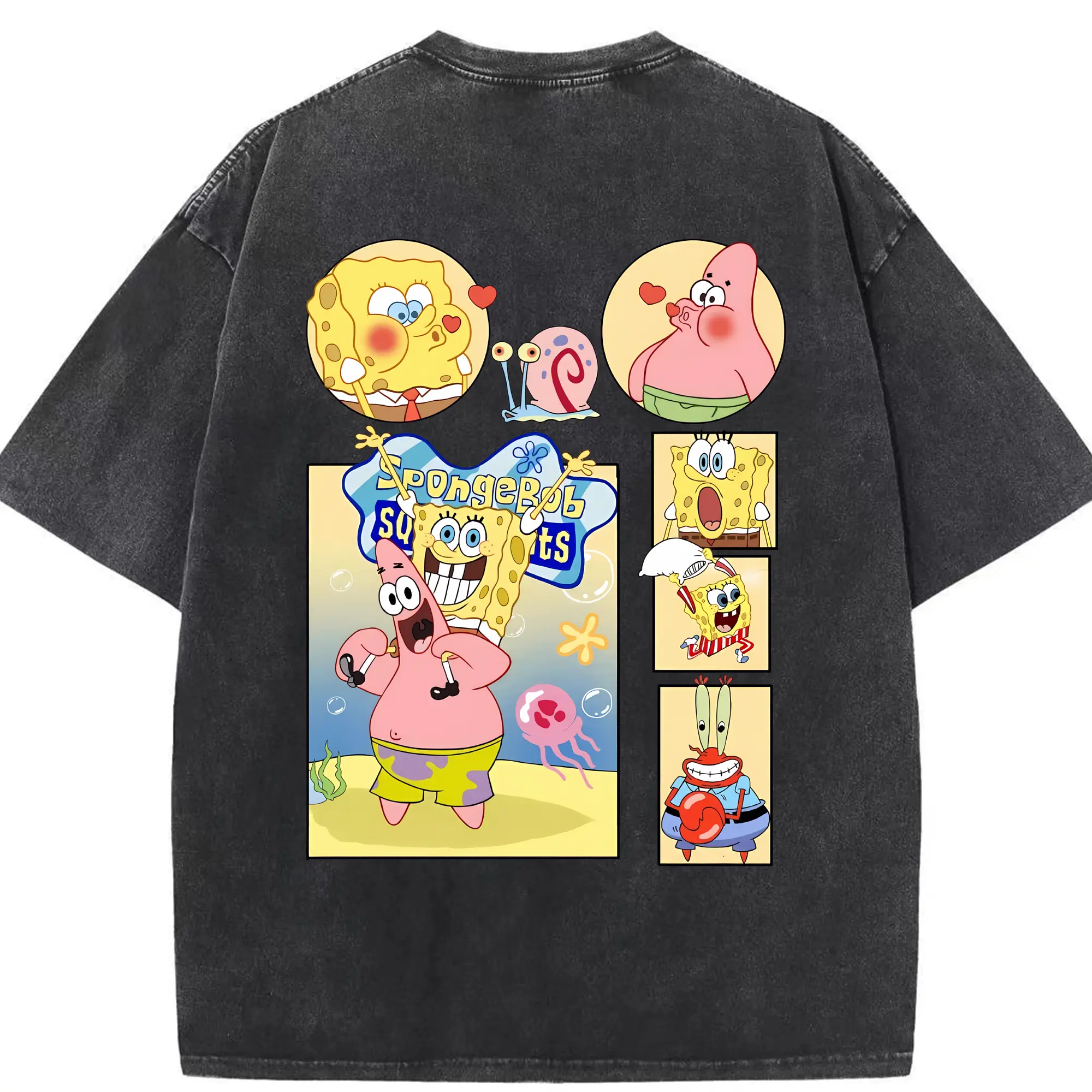 スポンジボブ グッズ パトリック・スター - 綿100％ ヴィンテージ風 半袖Tシャツ ・ 背面プリント ・ 柔らか肌触り ・ 通気性 快適 ・ スポーツ カジュアル 外出用