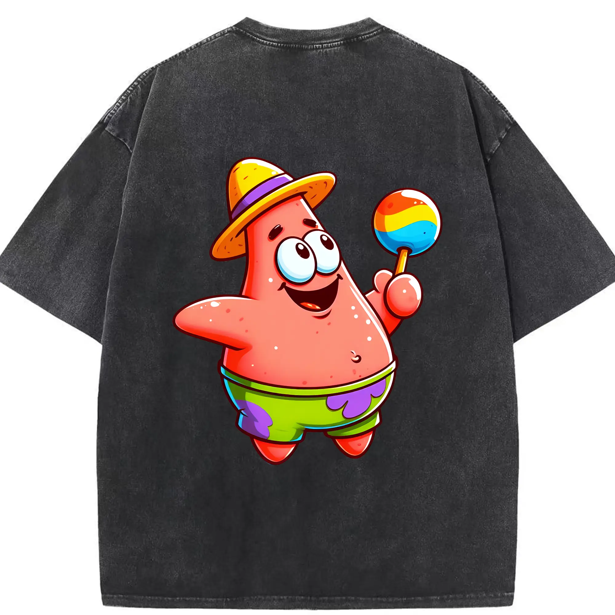 スポンジボブ グッズ パトリック・スター - 綿100％ ヴィンテージ風 半袖Tシャツ ・ 背面プリント ・ 柔らか肌触り ・ 通気性 快適 ・ スポーツ カジュアル 外出用