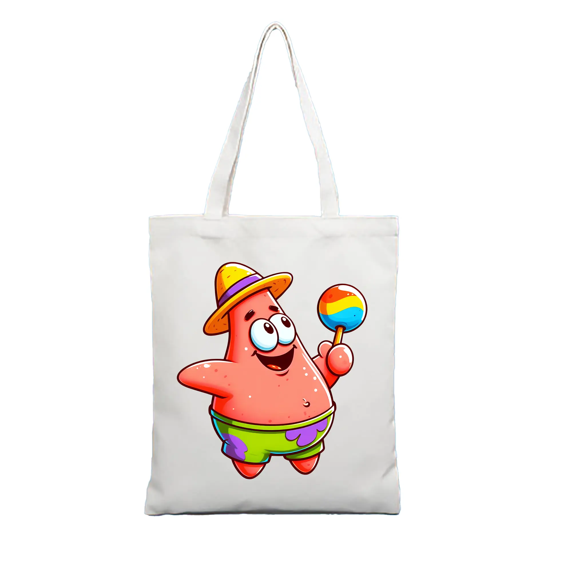 スポンジボブ グッズ パトリック・スター - 縦型キャンバス手提げバッグ（トートバッグ） ・ キャンバス素材 ・ ショッピング用 ・ 軽量 丈夫 お手入れ簡単