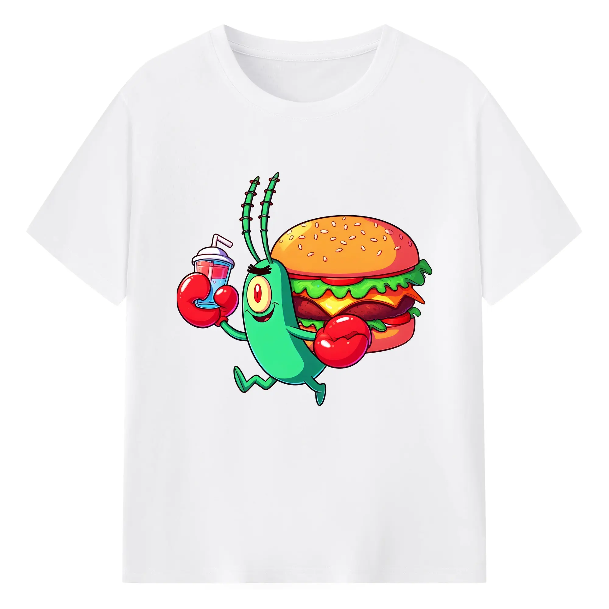 スポンジボブ グッズ プランクトン - 綿100％ 半袖Tシャツ ・ フロントプリント ・ 快適 通気性 ・ 日常使い 散歩 スポーツ用