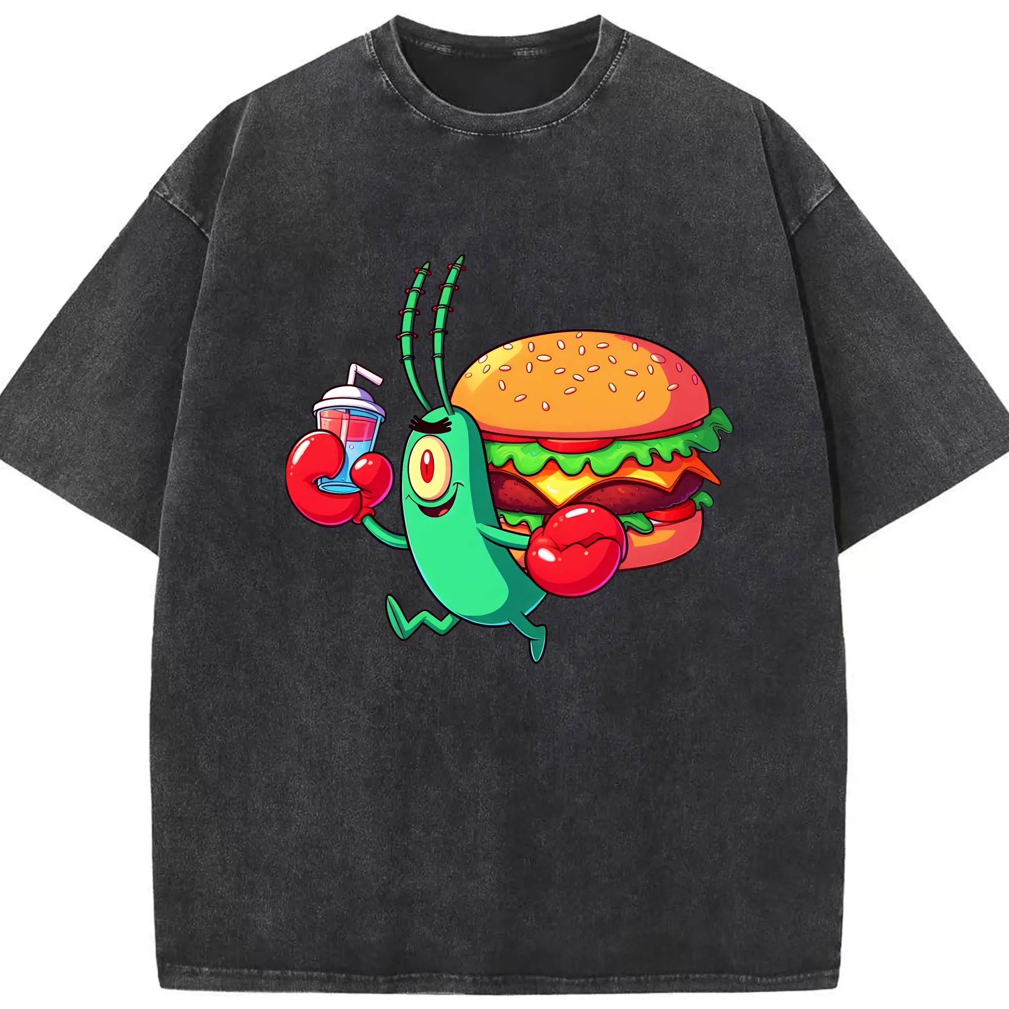 スポンジボブ グッズ プランクトン - 綿100％ ヴィンテージ風 半袖Tシャツ ・ フロントプリント ・ 柔らか肌触り ・ 通気性 快適 ・ スポーツ カジュアル 外出用