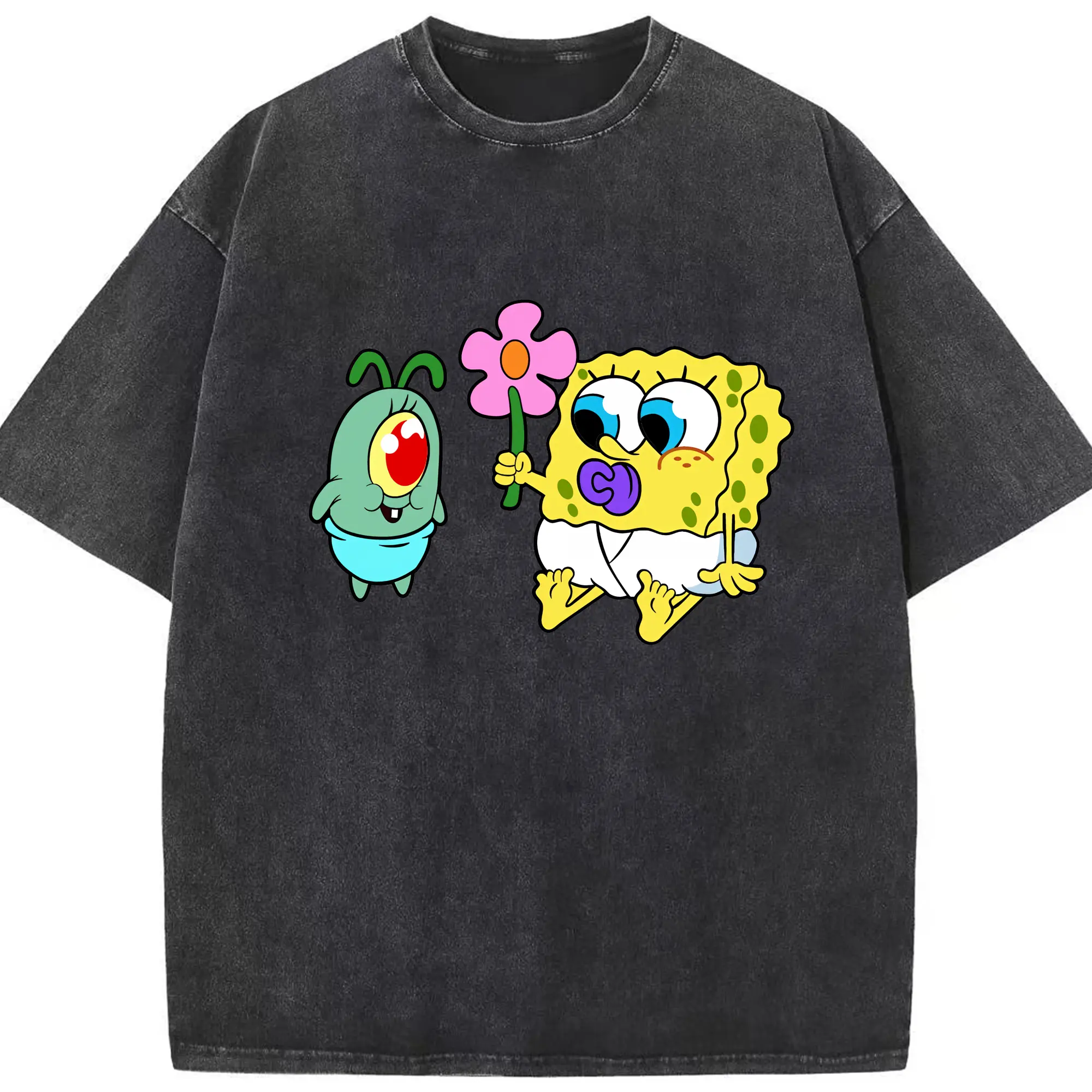 スポンジボブ グッズ プランクトン - 綿100％ ヴィンテージ風 半袖Tシャツ ・ フロントプリント ・ 柔らか肌触り ・ 通気性 快適 ・ スポーツ カジュアル 外出用