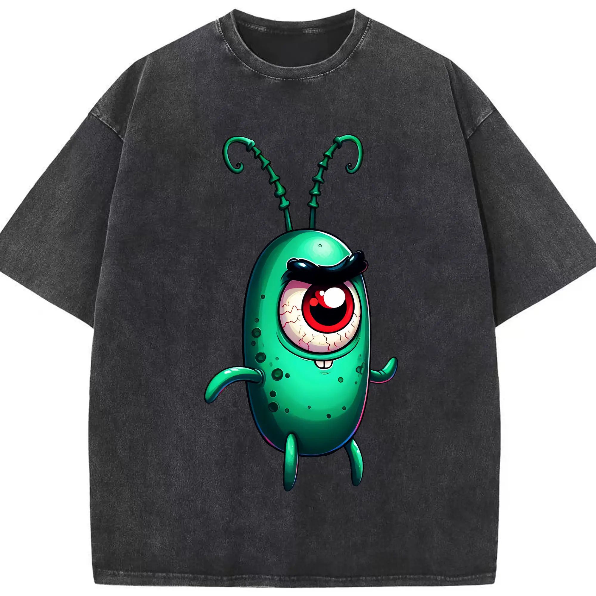 スポンジボブ グッズ プランクトン - 綿100％ ヴィンテージ風 半袖Tシャツ ・ フロントプリント ・ 柔らか肌触り ・ 通気性 快適 ・ スポーツ カジュアル 外出用