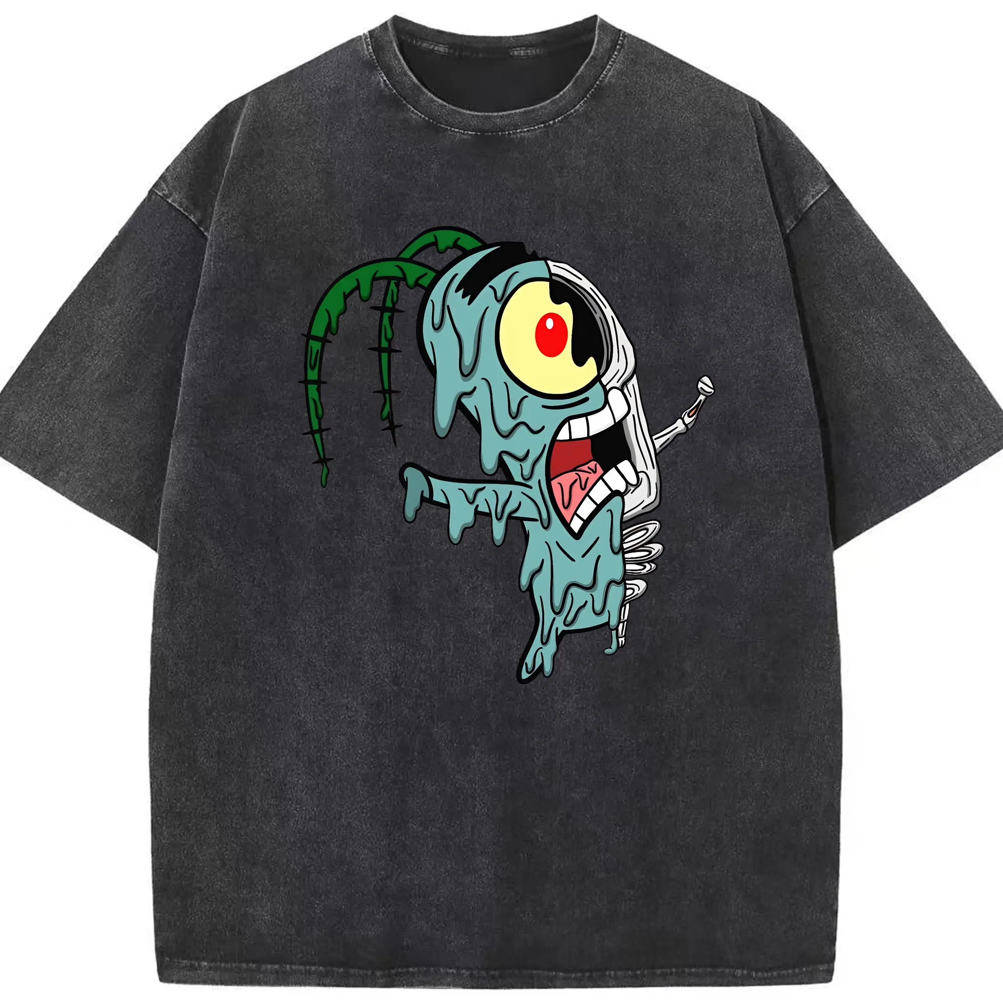 スポンジボブ グッズ プランクトン - 綿100％ ヴィンテージ風 半袖Tシャツ ・ フロントプリント ・ 柔らか肌触り ・ 通気性 快適 ・ スポーツ カジュアル 外出用