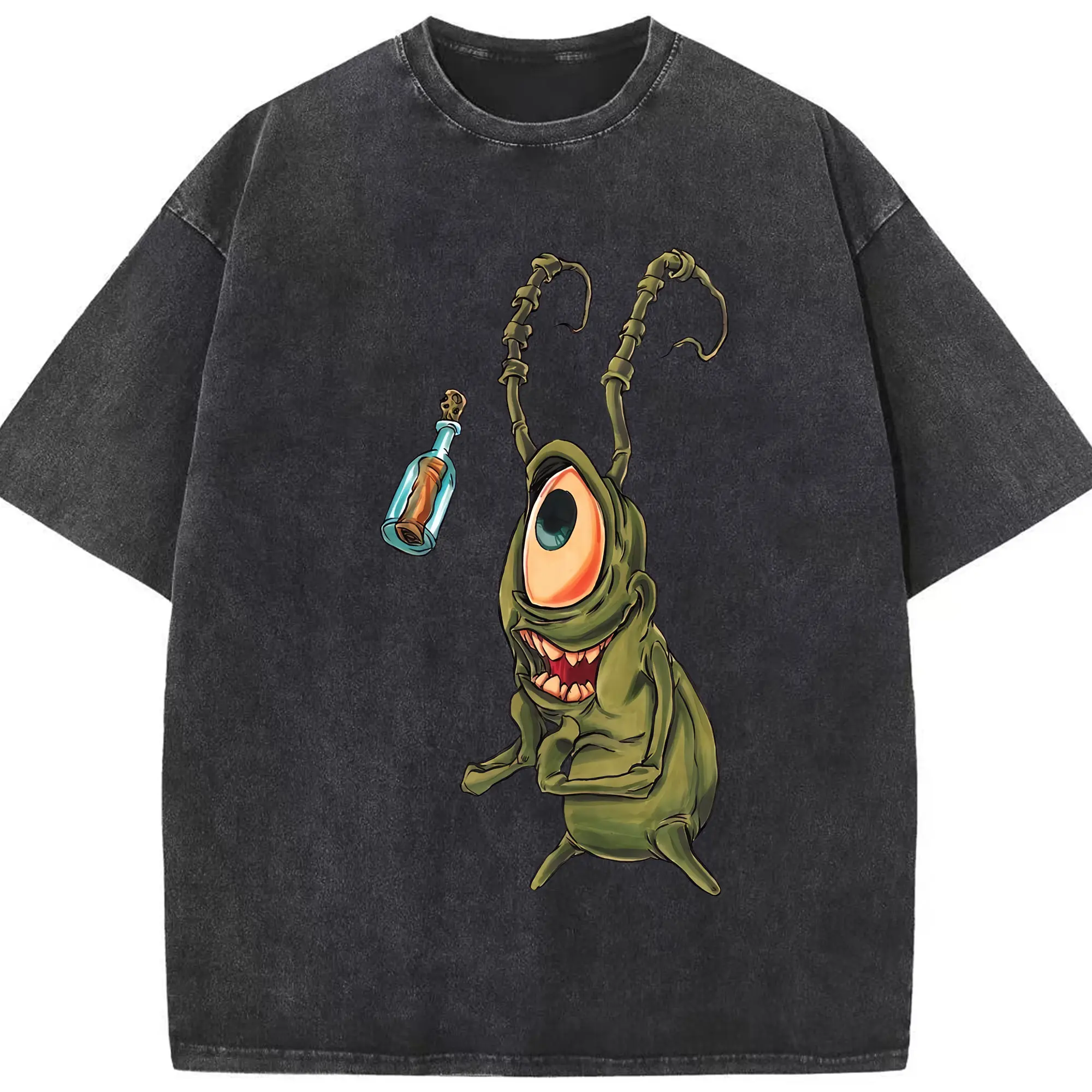 スポンジボブ グッズ プランクトン - 綿100％ ヴィンテージ風 半袖Tシャツ ・ フロントプリント ・ 柔らか肌触り ・ 通気性 快適 ・ スポーツ カジュアル 外出用