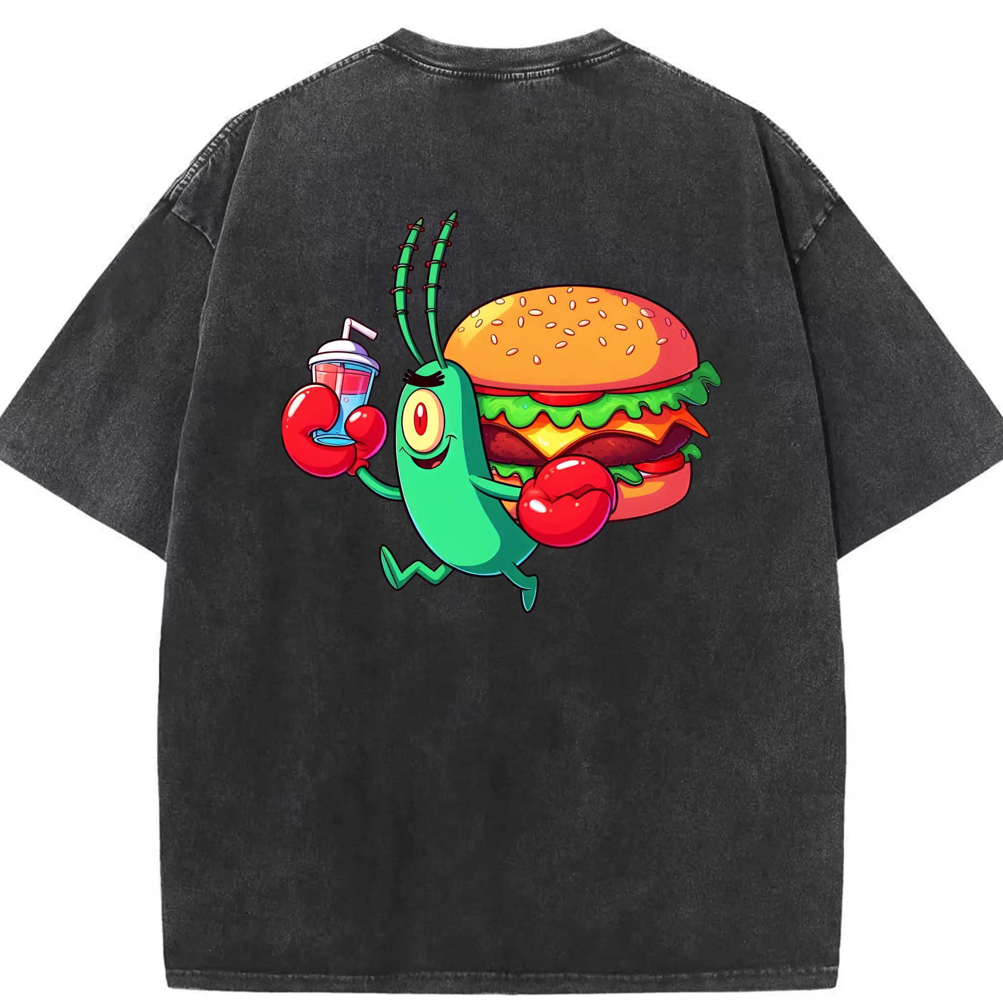 スポンジボブ グッズ プランクトン - 綿100％ ヴィンテージ風 半袖Tシャツ ・ 背面プリント ・ 柔らか肌触り ・ 通気性 快適 ・ スポーツ カジュアル 外出用