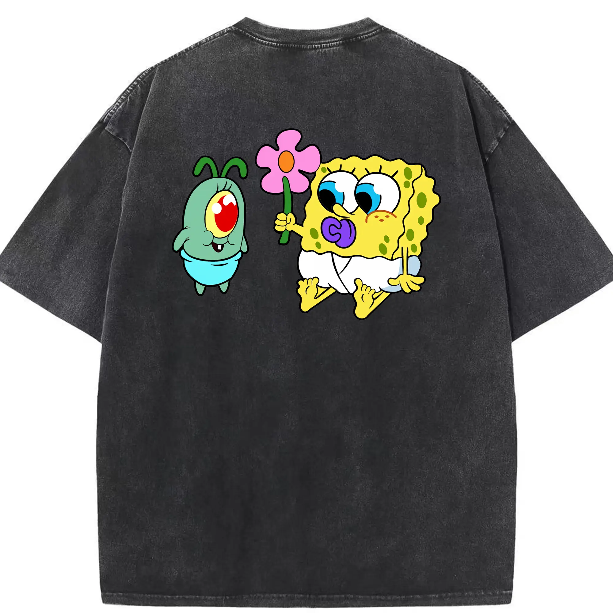 スポンジボブ グッズ プランクトン - 綿100％ ヴィンテージ風 半袖Tシャツ ・ 背面プリント ・ 柔らか肌触り ・ 通気性 快適 ・ スポーツ カジュアル 外出用