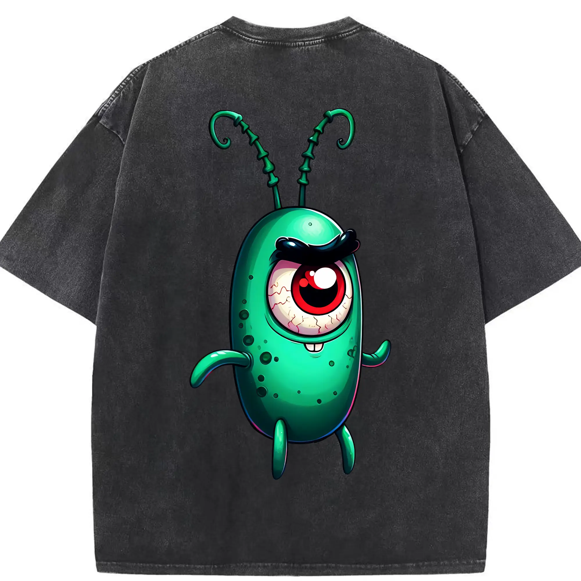 スポンジボブ グッズ プランクトン - 綿100％ ヴィンテージ風 半袖Tシャツ ・ 背面プリント ・ 柔らか肌触り ・ 通気性 快適 ・ スポーツ カジュアル 外出用