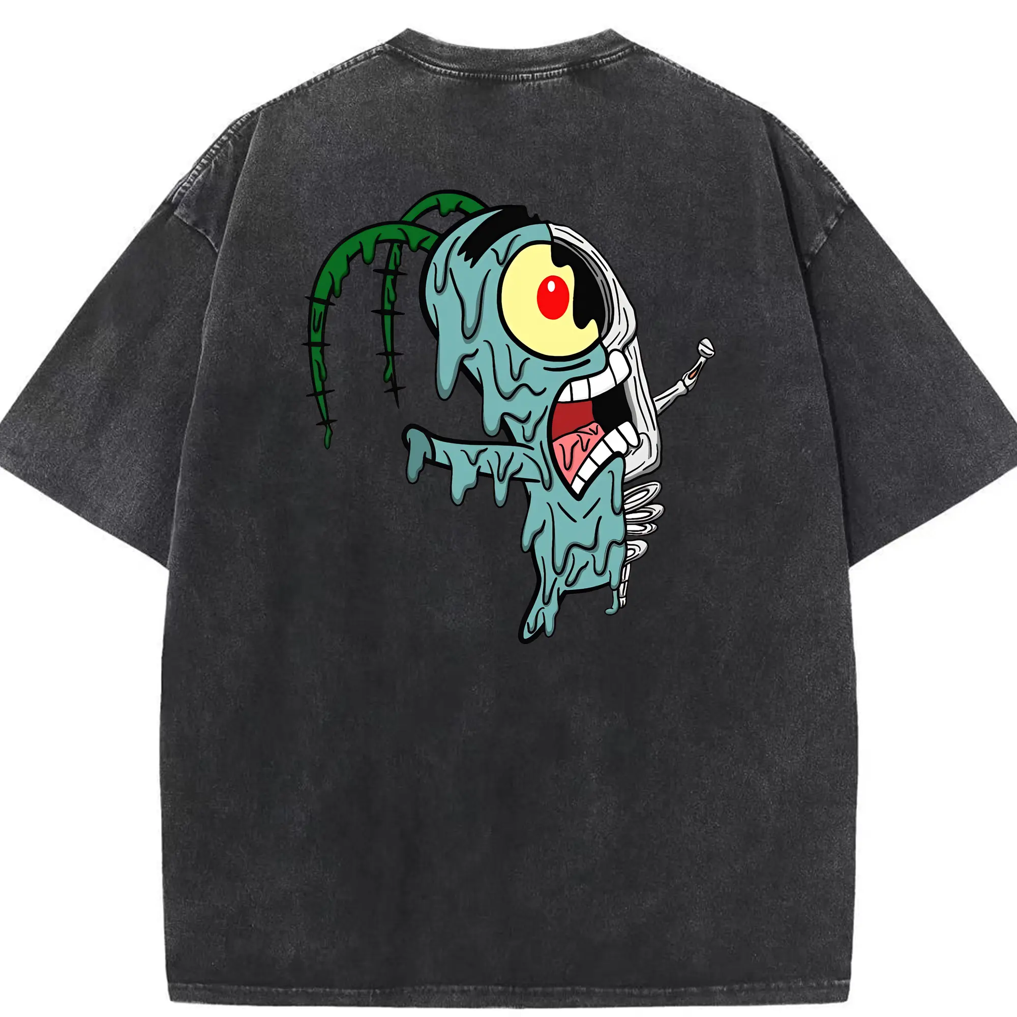 スポンジボブ グッズ プランクトン - 綿100％ ヴィンテージ風 半袖Tシャツ ・ 背面プリント ・ 柔らか肌触り ・ 通気性 快適 ・ スポーツ カジュアル 外出用