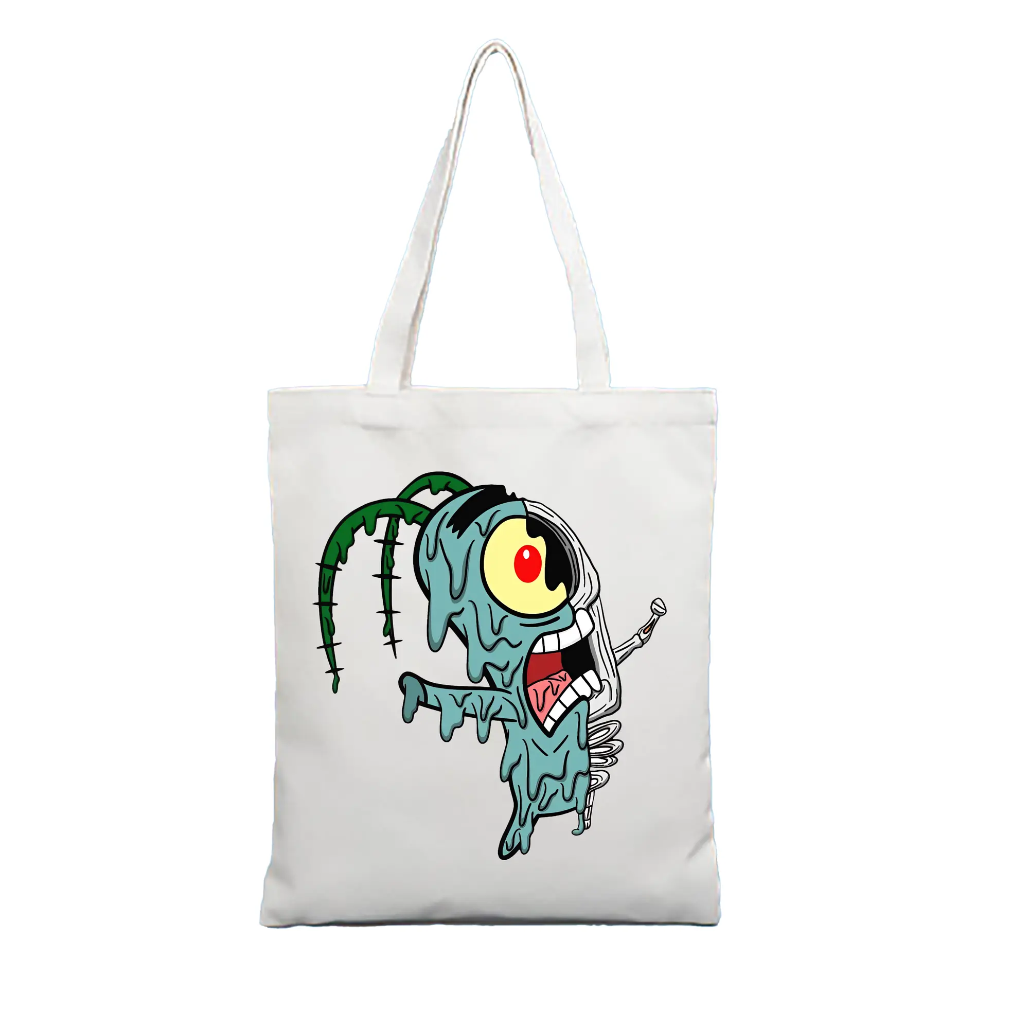 スポンジボブ グッズ プランクトン - 縦型キャンバス手提げバッグ（トートバッグ） ・ キャンバス素材 ・ ショッピング用 ・ 軽量 丈夫 お手入れ簡単