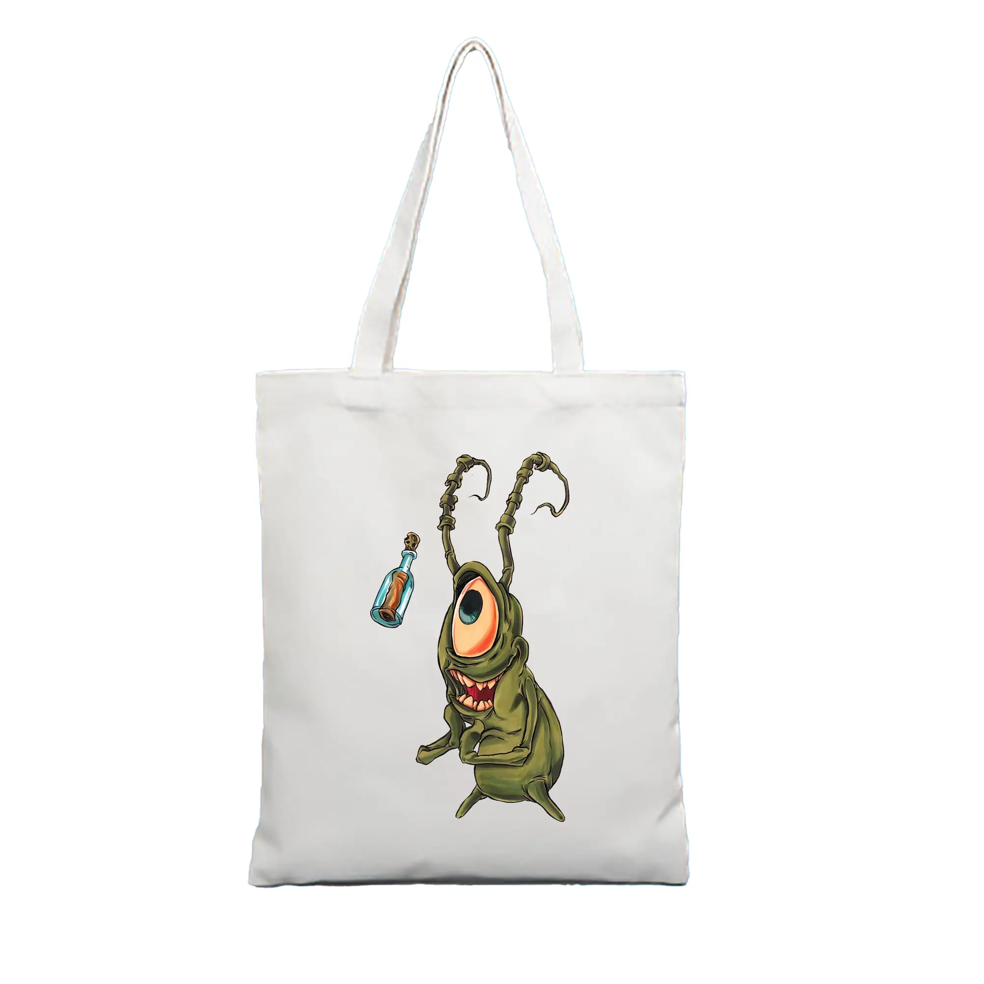 スポンジボブ グッズ プランクトン - 縦型キャンバス手提げバッグ（トートバッグ） ・ キャンバス素材 ・ ショッピング用 ・ 軽量 丈夫 お手入れ簡単