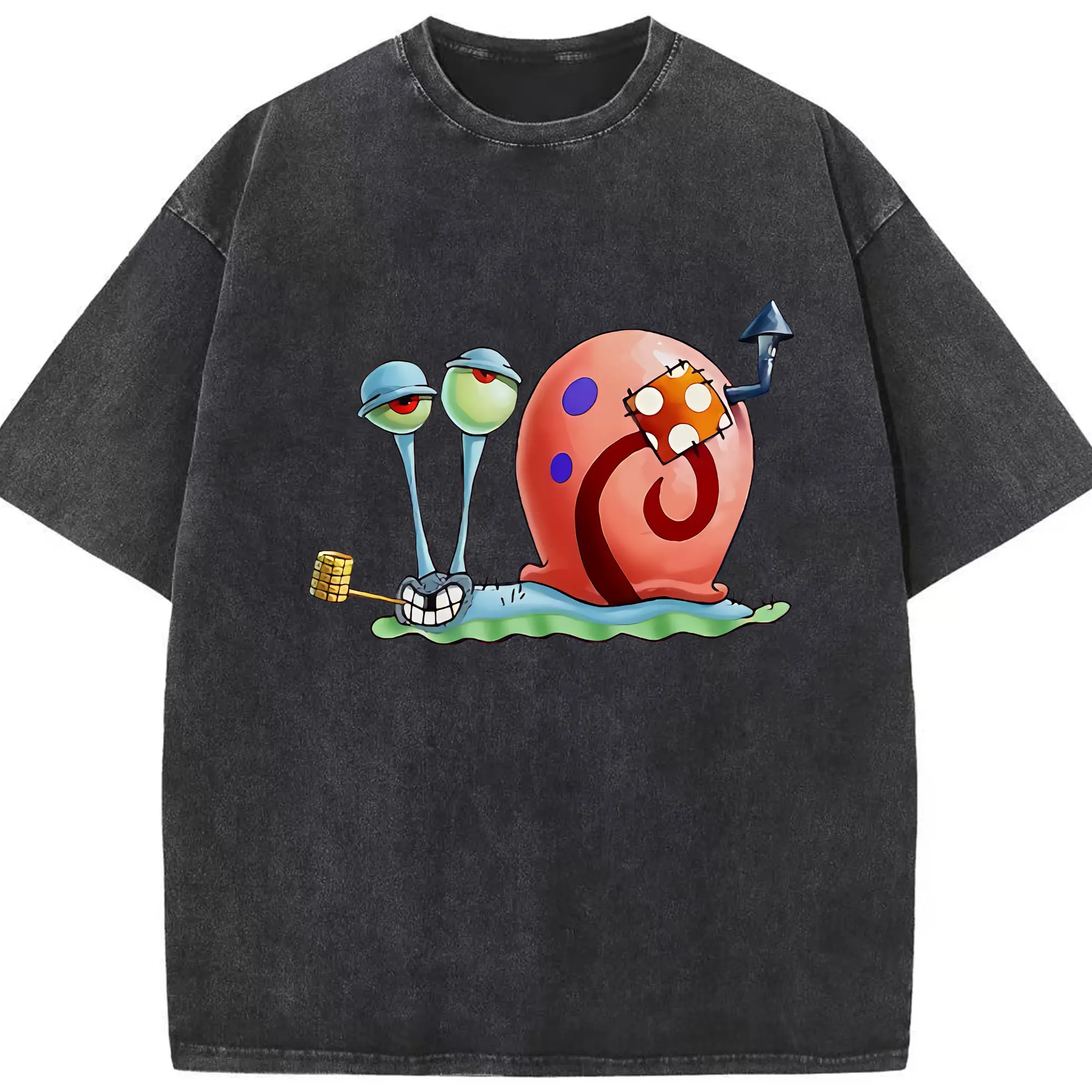 スポンジボブ グッズ カタツムリさん - 綿100％ ヴィンテージ風 半袖Tシャツ ・ フロントプリント ・ 柔らか肌触り ・ 通気性 快適 ・ スポーツ カジュアル 外出用