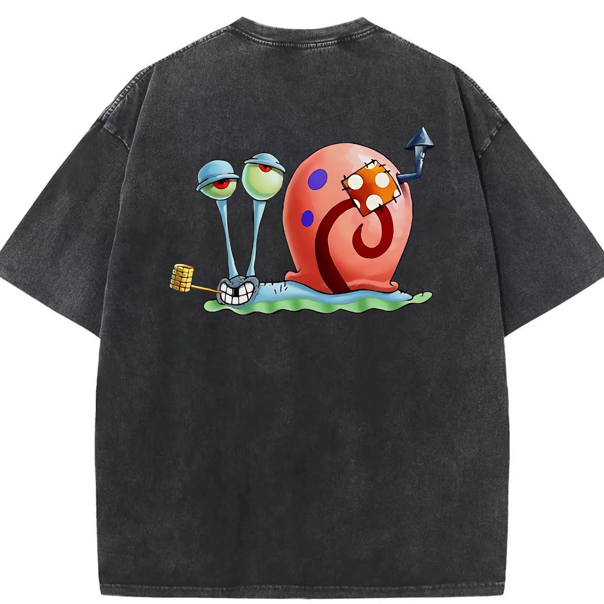 スポンジボブ グッズ カタツムリさん - 綿100％ ヴィンテージ風 半袖Tシャツ ・ 背面プリント ・ 柔らか肌触り ・ 通気性 快適 ・ スポーツ カジュアル 外出用