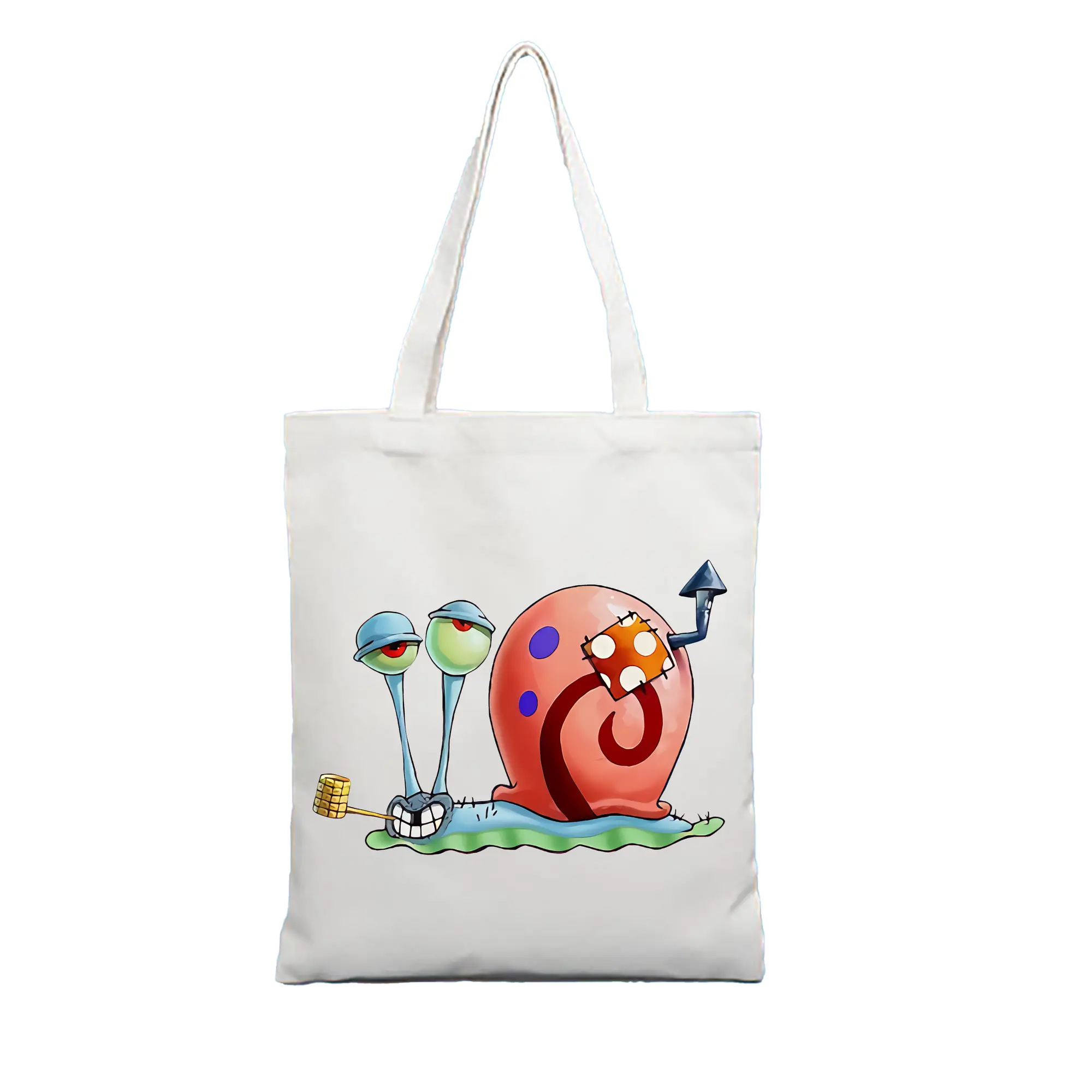 スポンジボブ グッズ カタツムリさん - 縦型キャンバス手提げバッグ（トートバッグ） ・ キャンバス素材 ・ ショッピング用 ・ 軽量 丈夫 お手入れ簡単