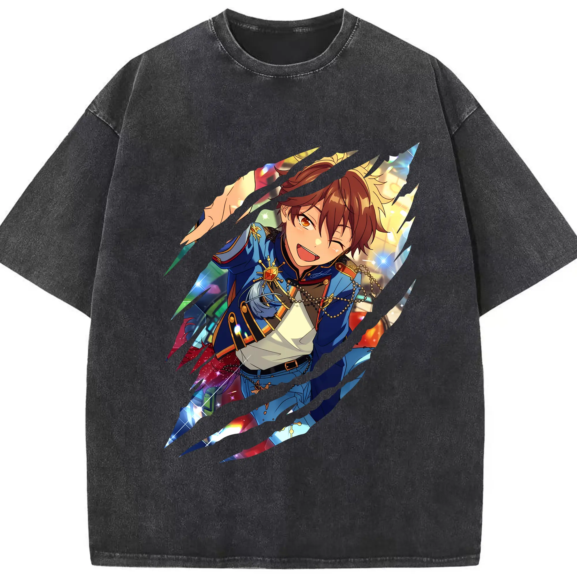 あんさん ぶる グッズ 流星隊 守沢千秋 - 綿100％ ヴィンテージ風 半袖Tシャツ ・ フロントプリント ・ 柔らか肌触り ・ 通気性 快適 ・ スポーツ カジュアル 外出用