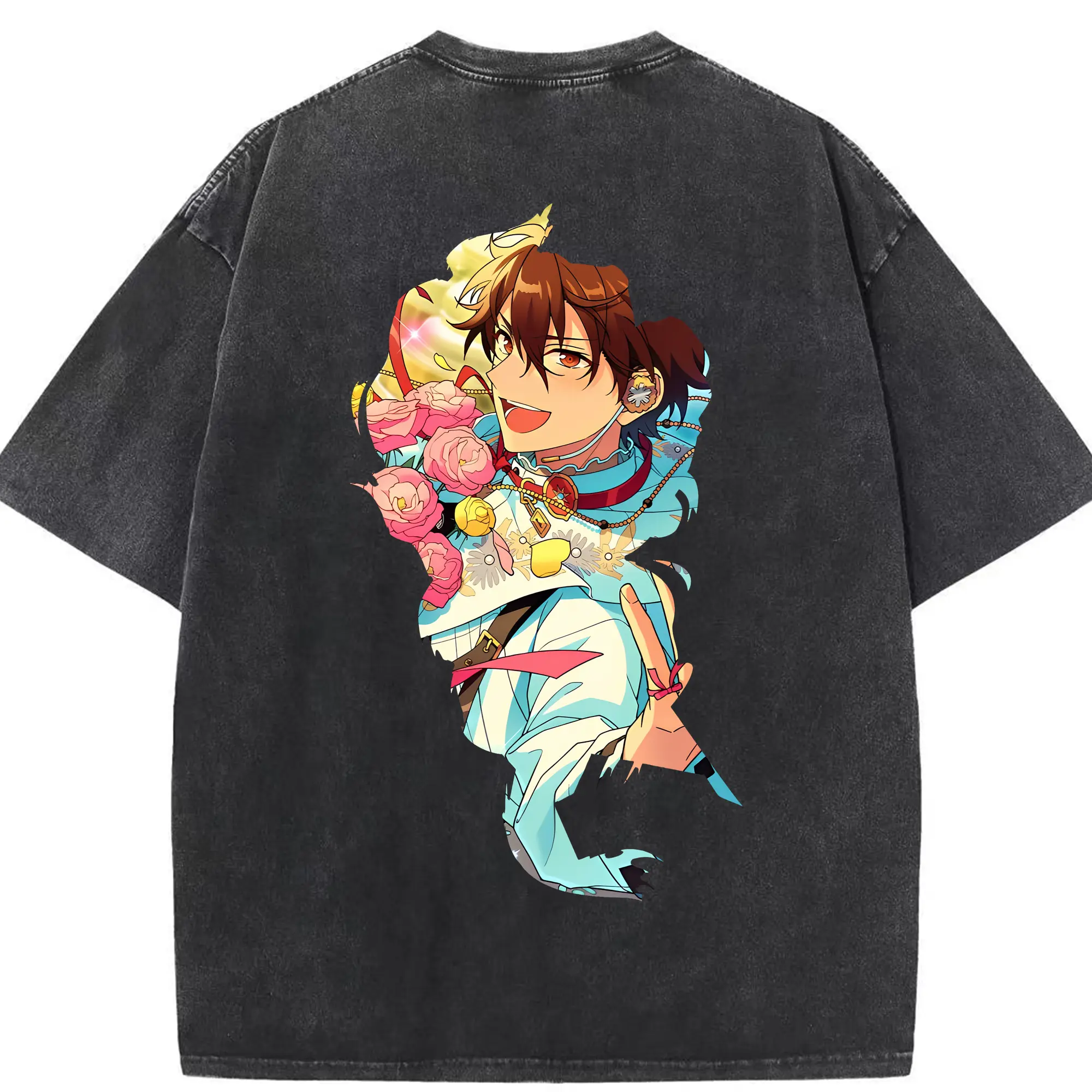 あんさん ぶる グッズ 流星隊 守沢千秋 - 綿100％ ヴィンテージ風 半袖Tシャツ ・ 背面プリント ・ 柔らか肌触り ・ 通気性 快適 ・ スポーツ カジュアル 外出用