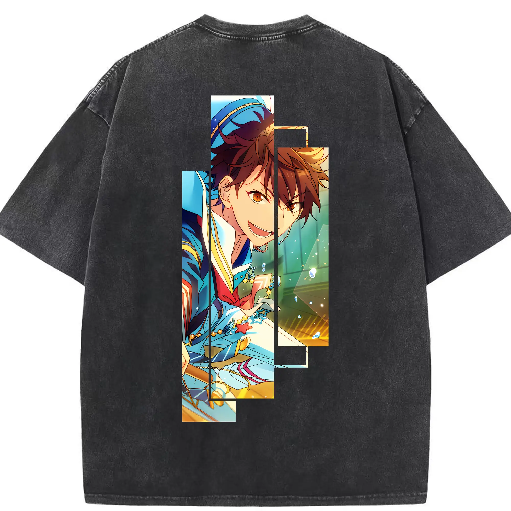 あんさん ぶる グッズ 流星隊 守沢千秋 - 綿100％ ヴィンテージ風 半袖Tシャツ ・ 背面プリント ・ 柔らか肌触り ・ 通気性 快適 ・ スポーツ カジュアル 外出用
