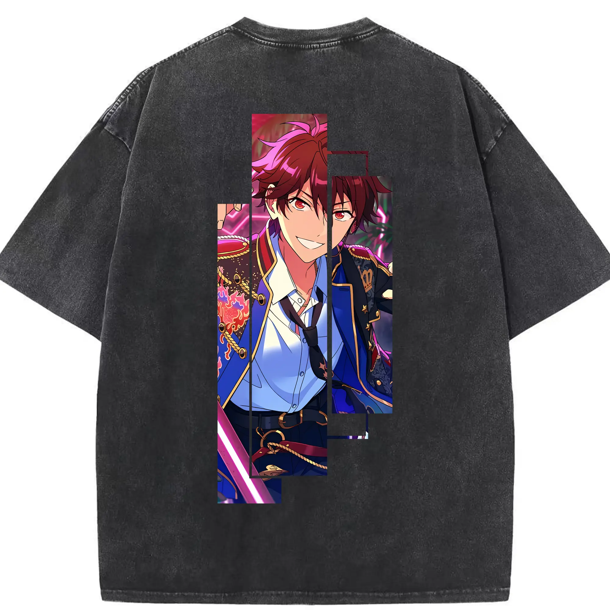 あんさん ぶる グッズ 流星隊 守沢千秋 - 綿100％ ヴィンテージ風 半袖Tシャツ ・ 背面プリント ・ 柔らか肌触り ・ 通気性 快適 ・ スポーツ カジュアル 外出用