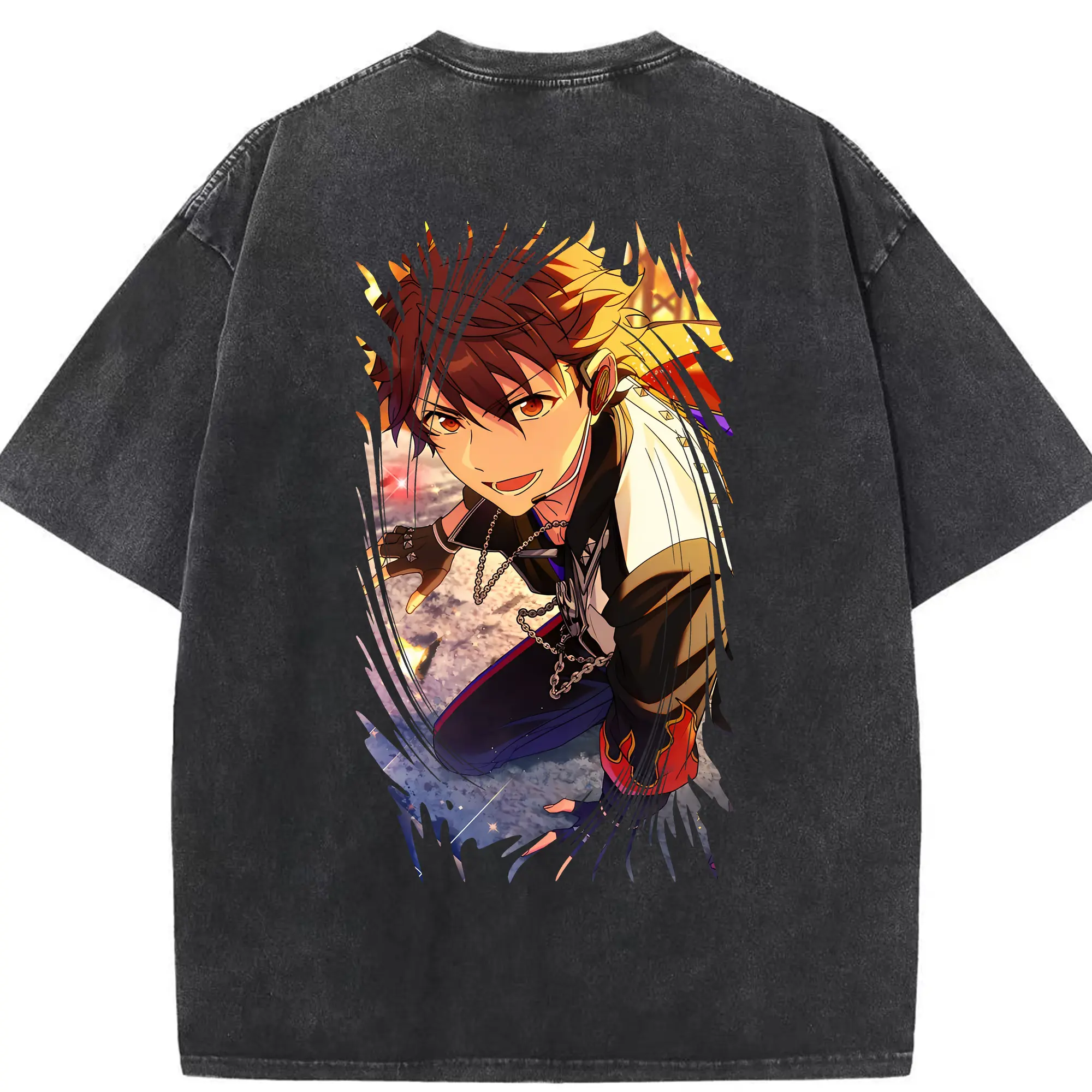 あんさん ぶる グッズ 流星隊 守沢千秋 - 綿100％ ヴィンテージ風 半袖Tシャツ ・ 背面プリント ・ 柔らか肌触り ・ 通気性 快適 ・ スポーツ カジュアル 外出用