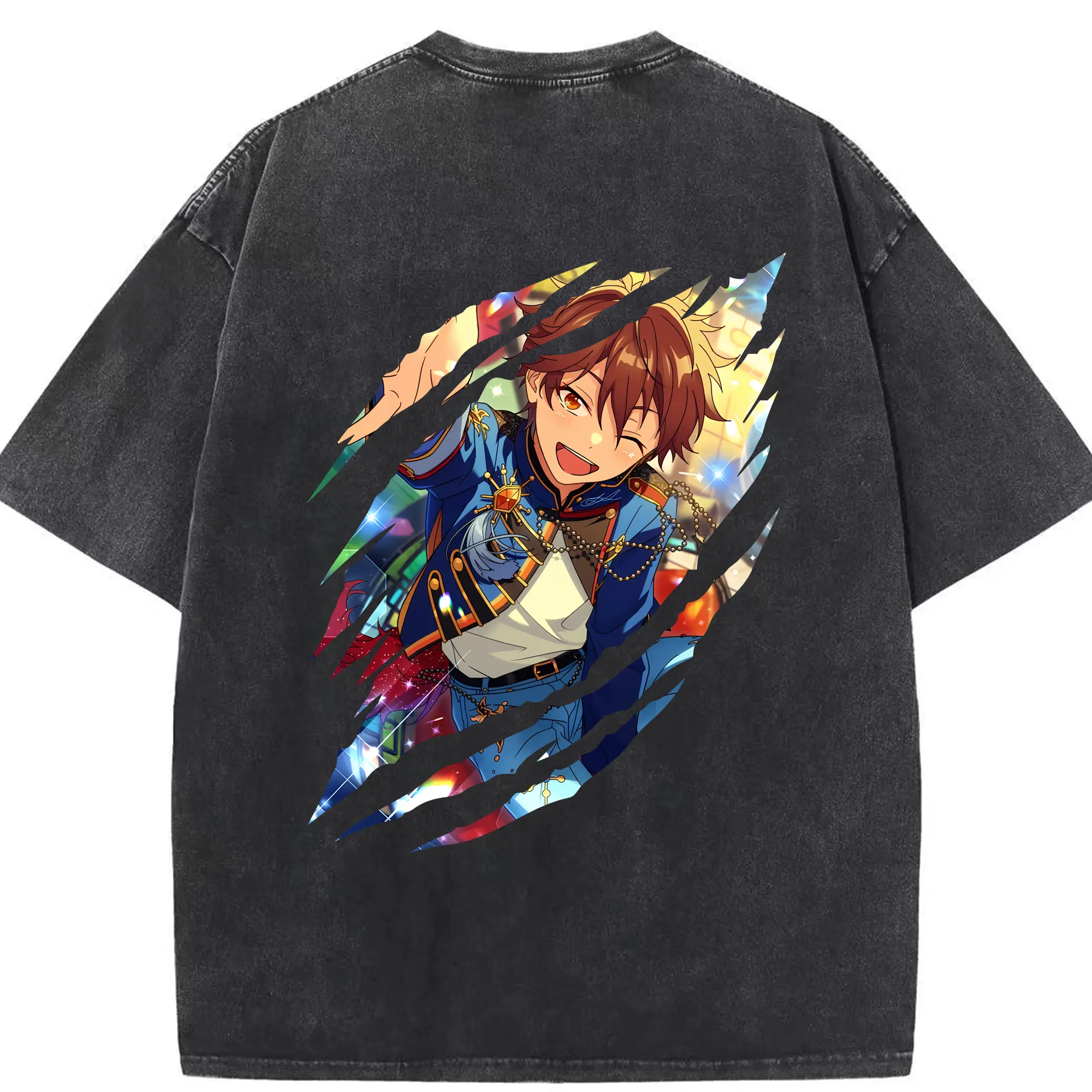 あんさん ぶる グッズ 流星隊 守沢千秋 - 綿100％ ヴィンテージ風 半袖Tシャツ ・ 背面プリント ・ 柔らか肌触り ・ 通気性 快適 ・ スポーツ カジュアル 外出用