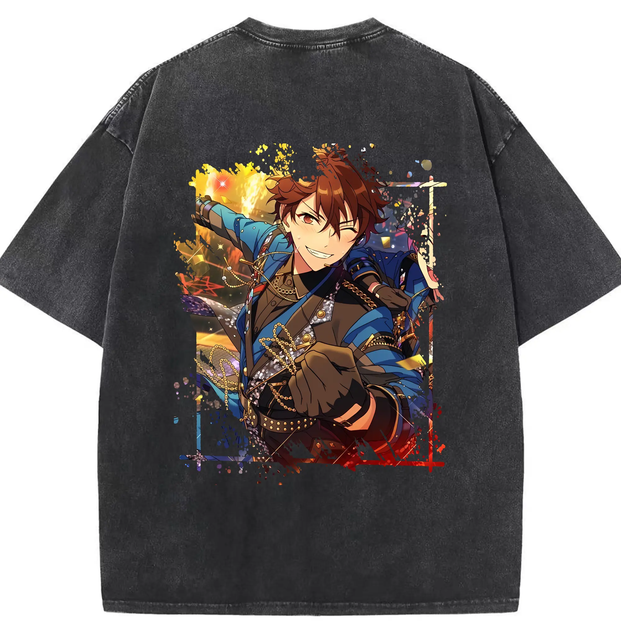 あんさん ぶる グッズ 流星隊 守沢千秋 - 綿100％ ヴィンテージ風 半袖Tシャツ ・ 背面プリント ・ 柔らか肌触り ・ 通気性 快適 ・ スポーツ カジュアル 外出用