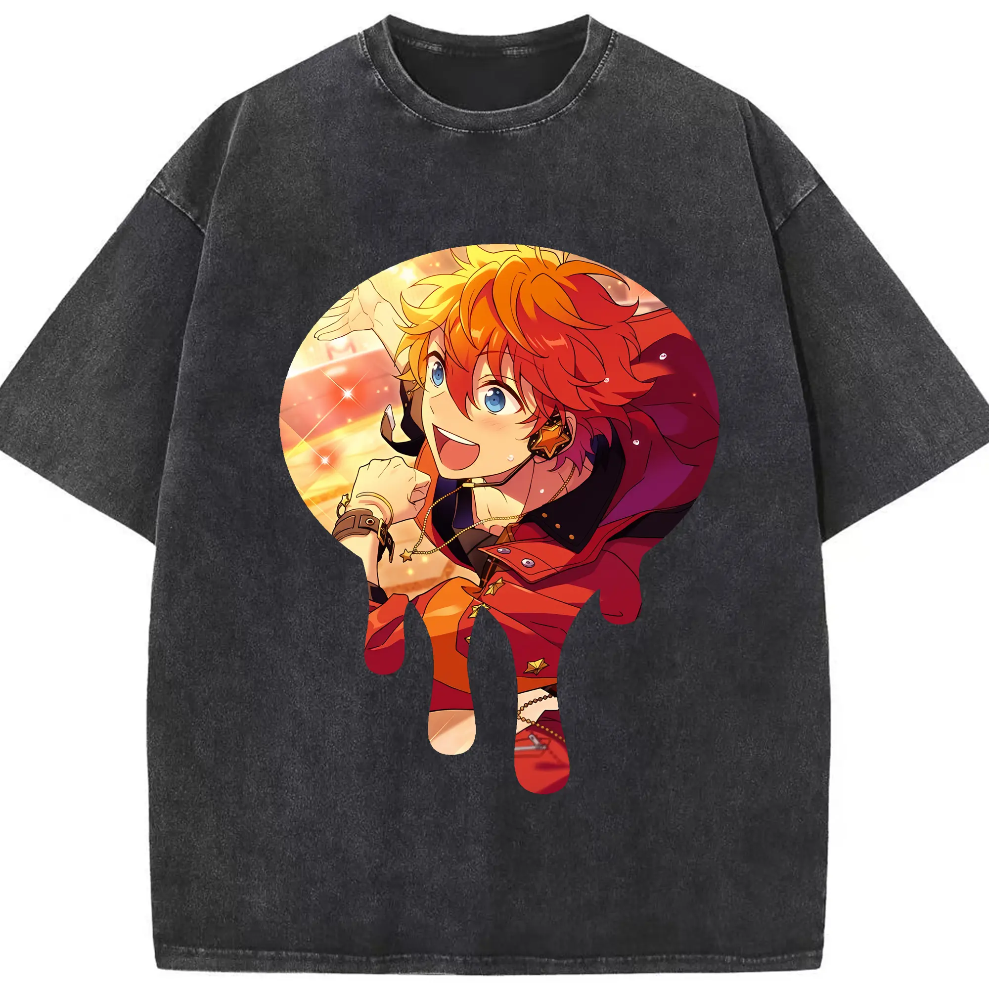 あんさん ぶる グッズ Trickstar 明星スバル - 綿100％ ヴィンテージ風 半袖Tシャツ ・ フロントプリント ・ 柔らか肌触り ・ 通気性 快適 ・ スポーツ カジュアル 外出用