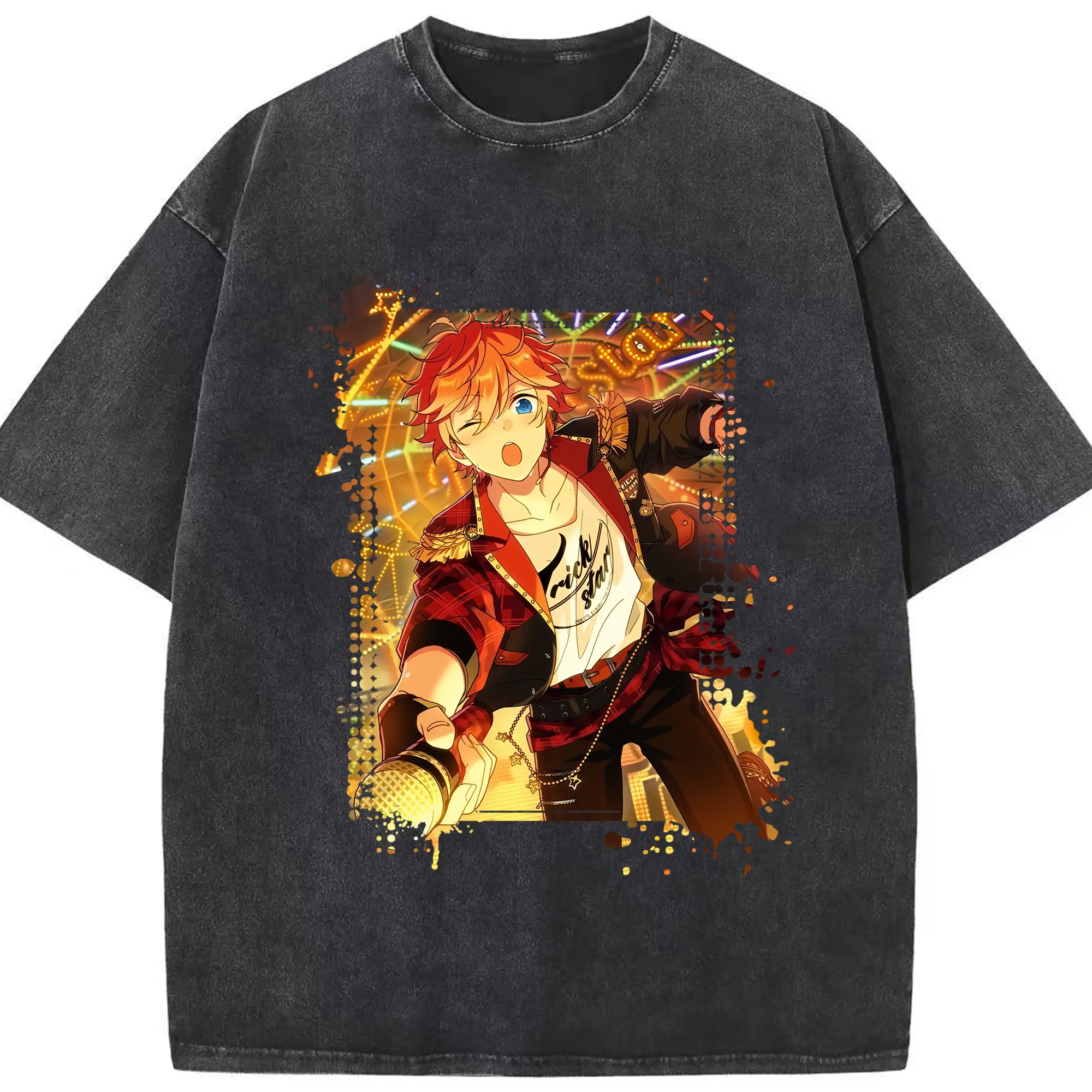 あんさん ぶる グッズ Trickstar 明星スバル - 綿100％ ヴィンテージ風 半袖Tシャツ ・ フロントプリント ・ 柔らか肌触り ・ 通気性 快適 ・ スポーツ カジュアル 外出用